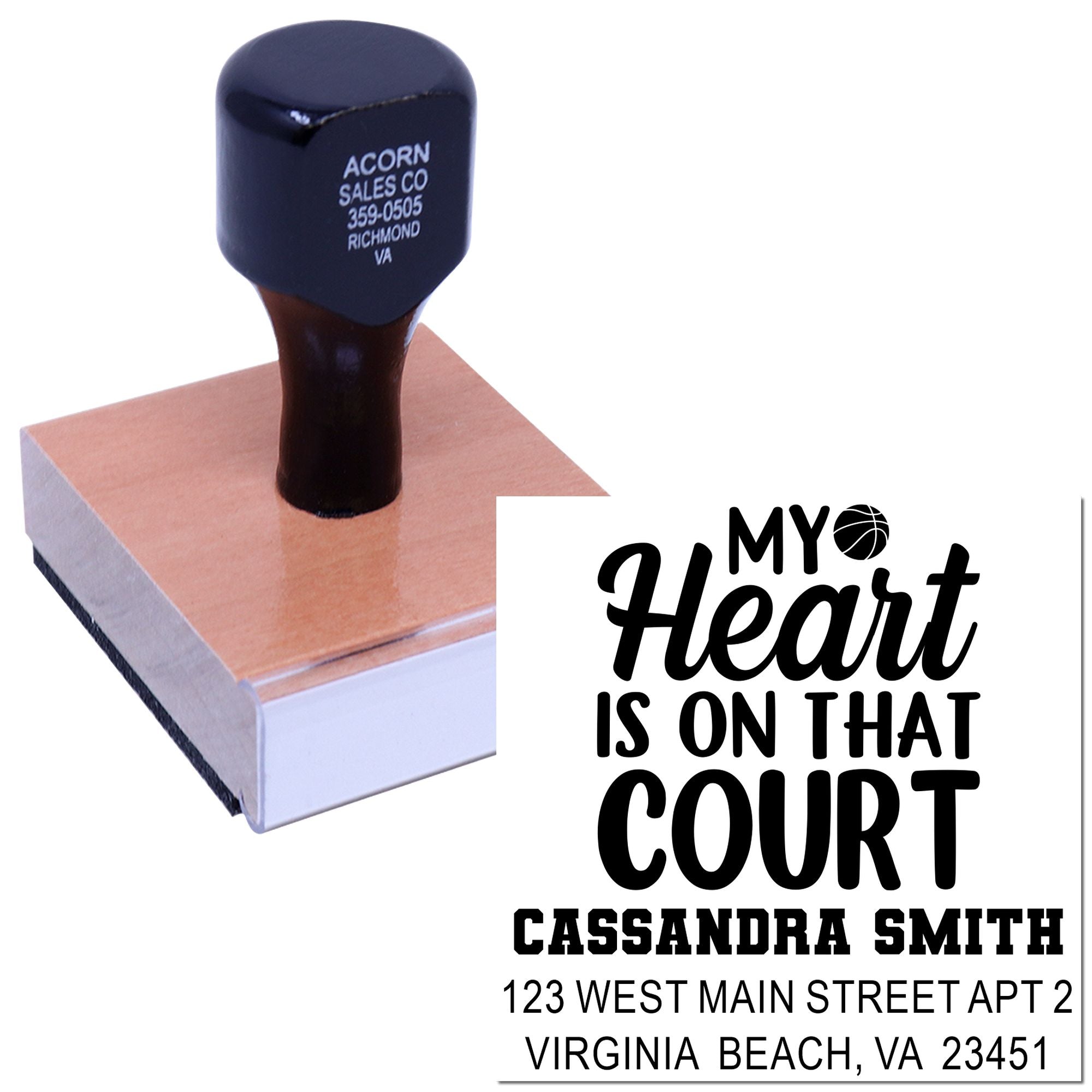 Custom self-inking rubber stamp with personalized address imprint and basketball-themed My Heart Is on That Court design