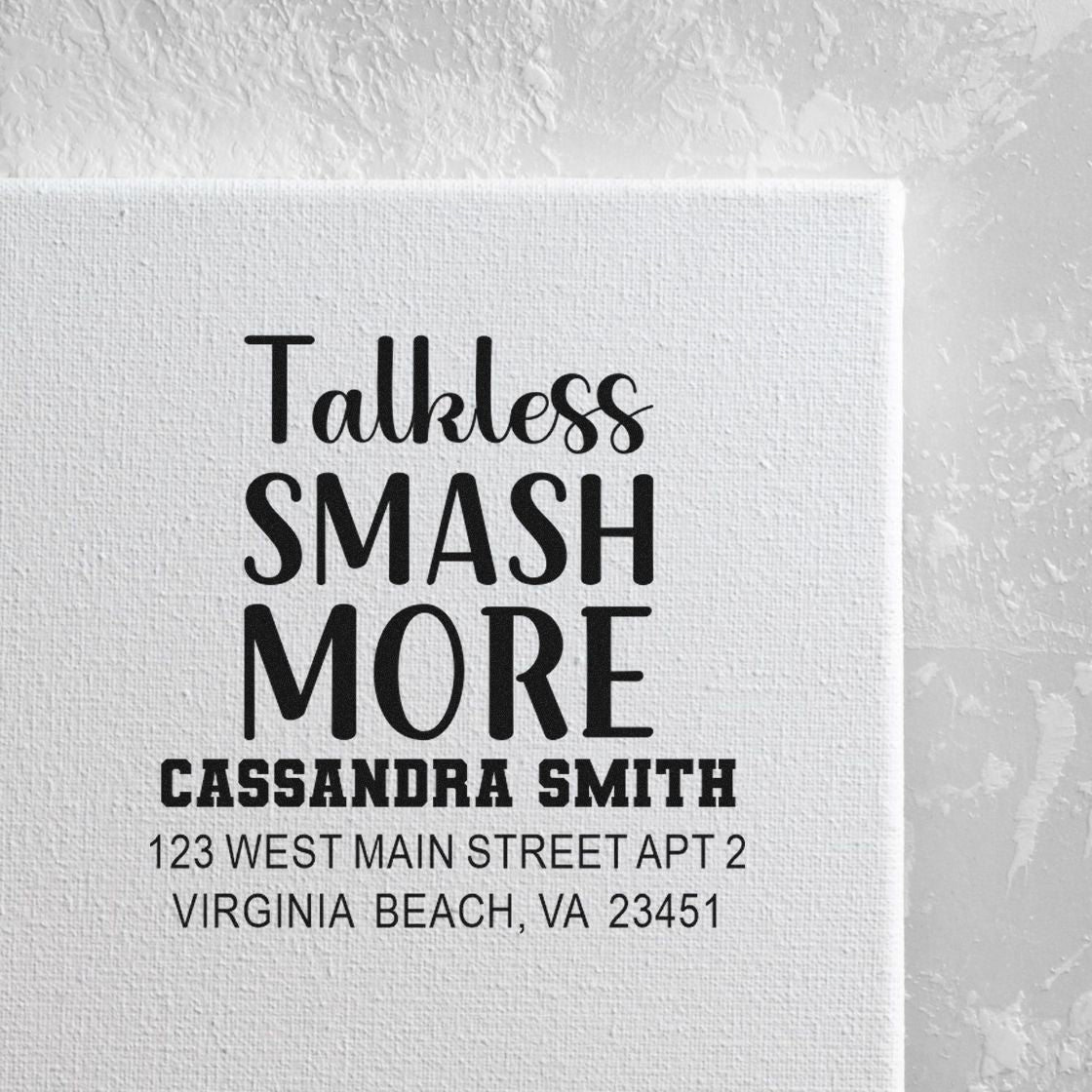 Personalized return address rubber stamp for Cassandra Smith with bold name, slogan, and Virginia Beach address