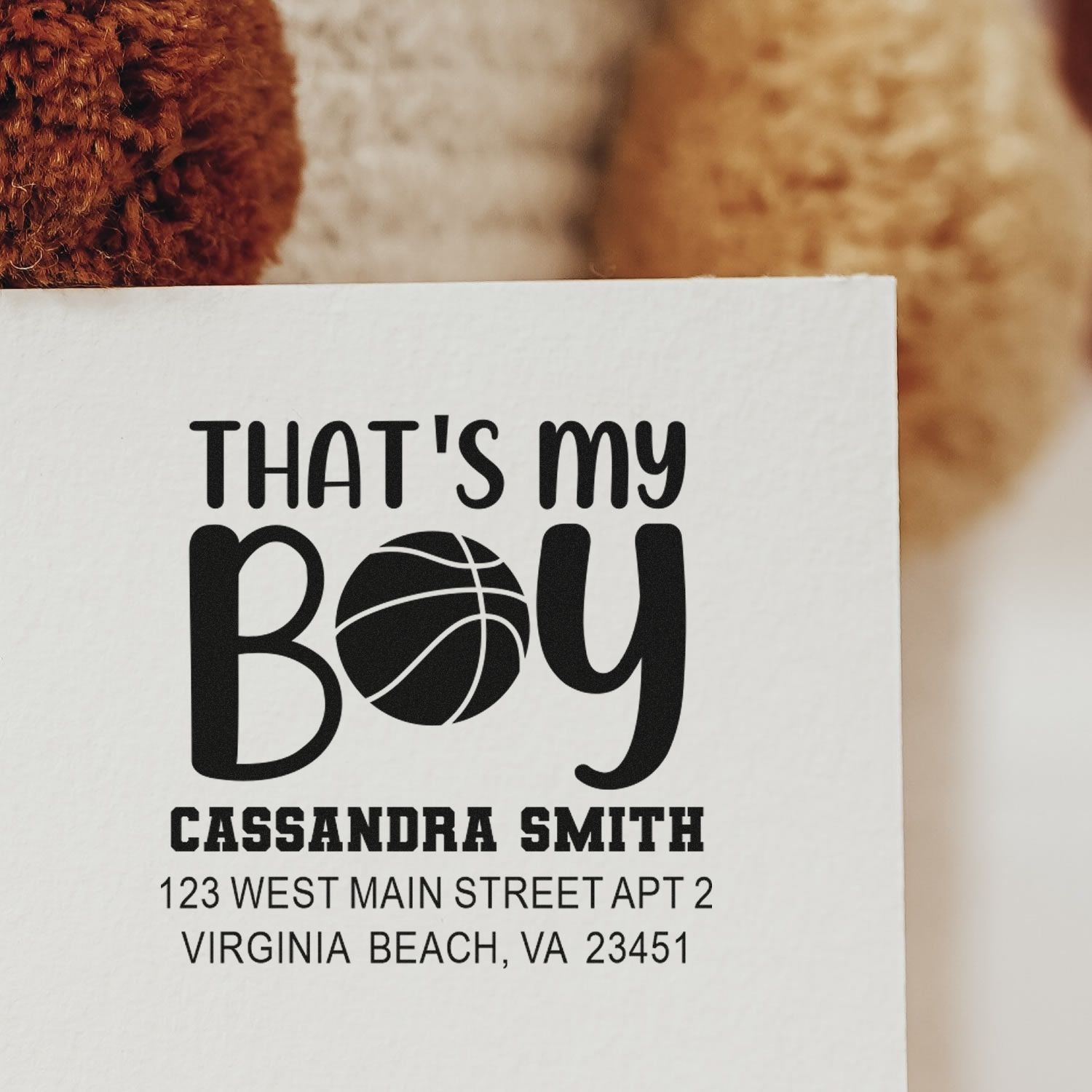Personalized basketball address stamp with Thats My Boy design, name, and return address for boys stationery.