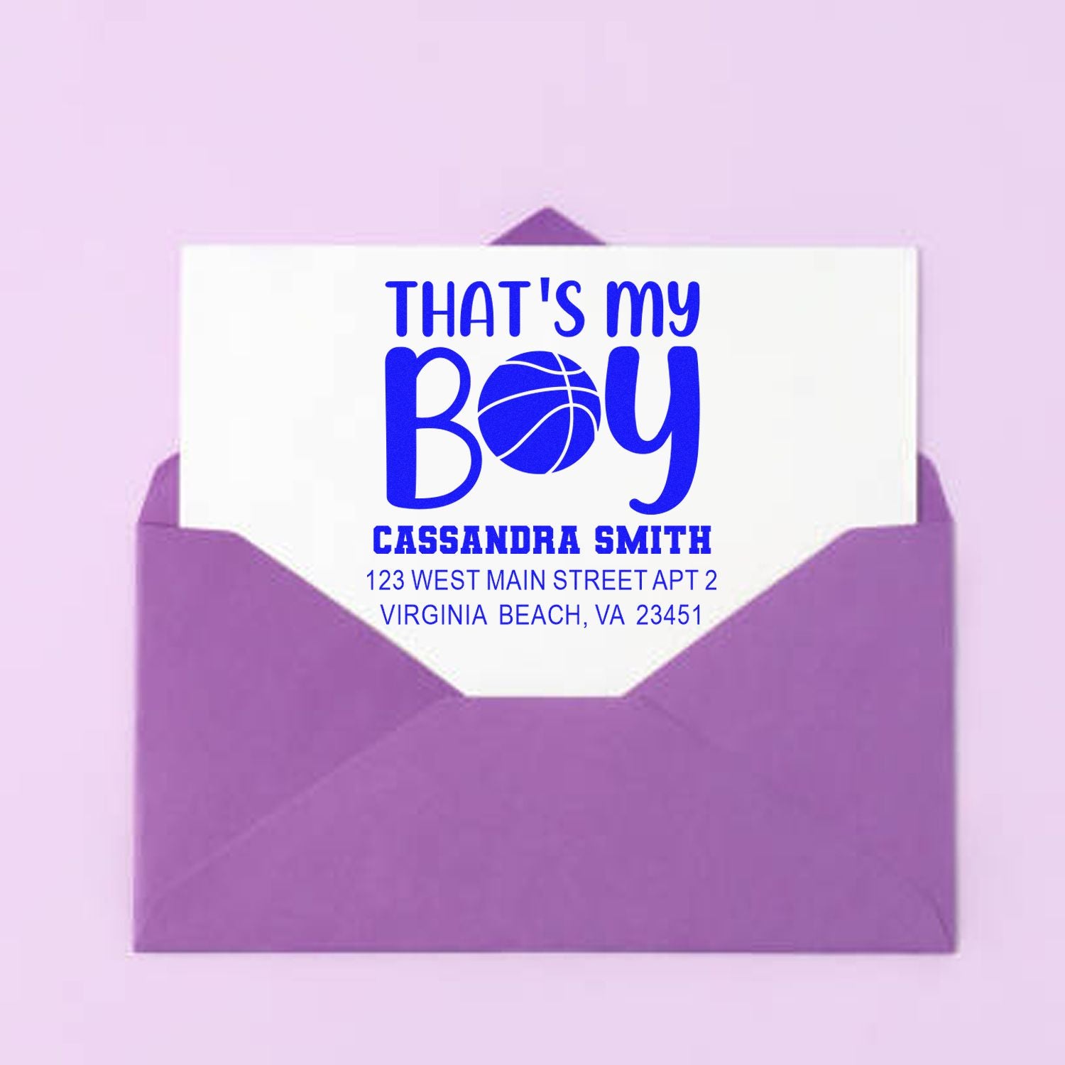 Personalized basketball-themed return address rubber stamp for envelopes, featuring Thats My Boy and custom name/address.