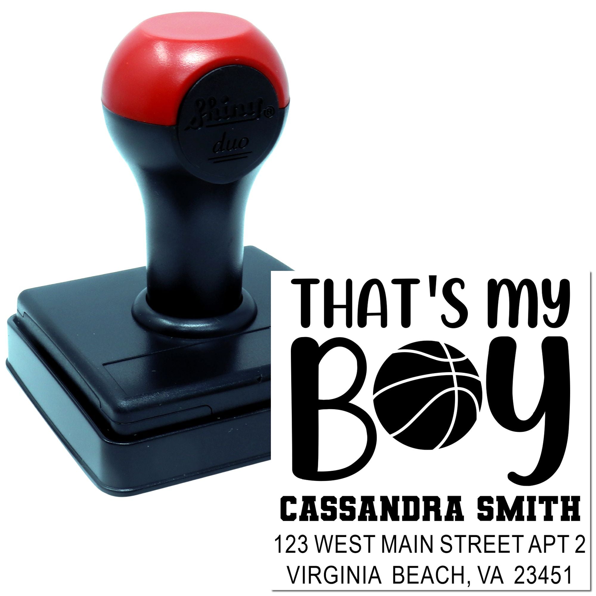 Custom self-inking rubber address stamp with Thats My Boy basketball design and personalized name and address.