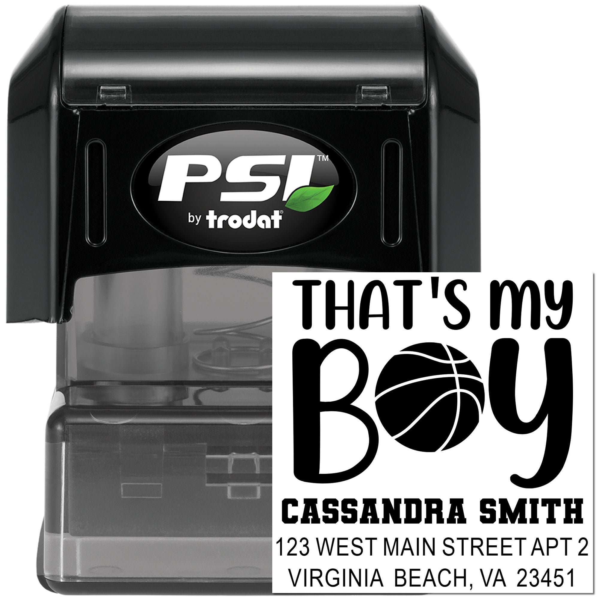 PSI by Trodat custom self-inking rubber stamp with Thats My Boy design, name, and address for personalized mailings and gifts.