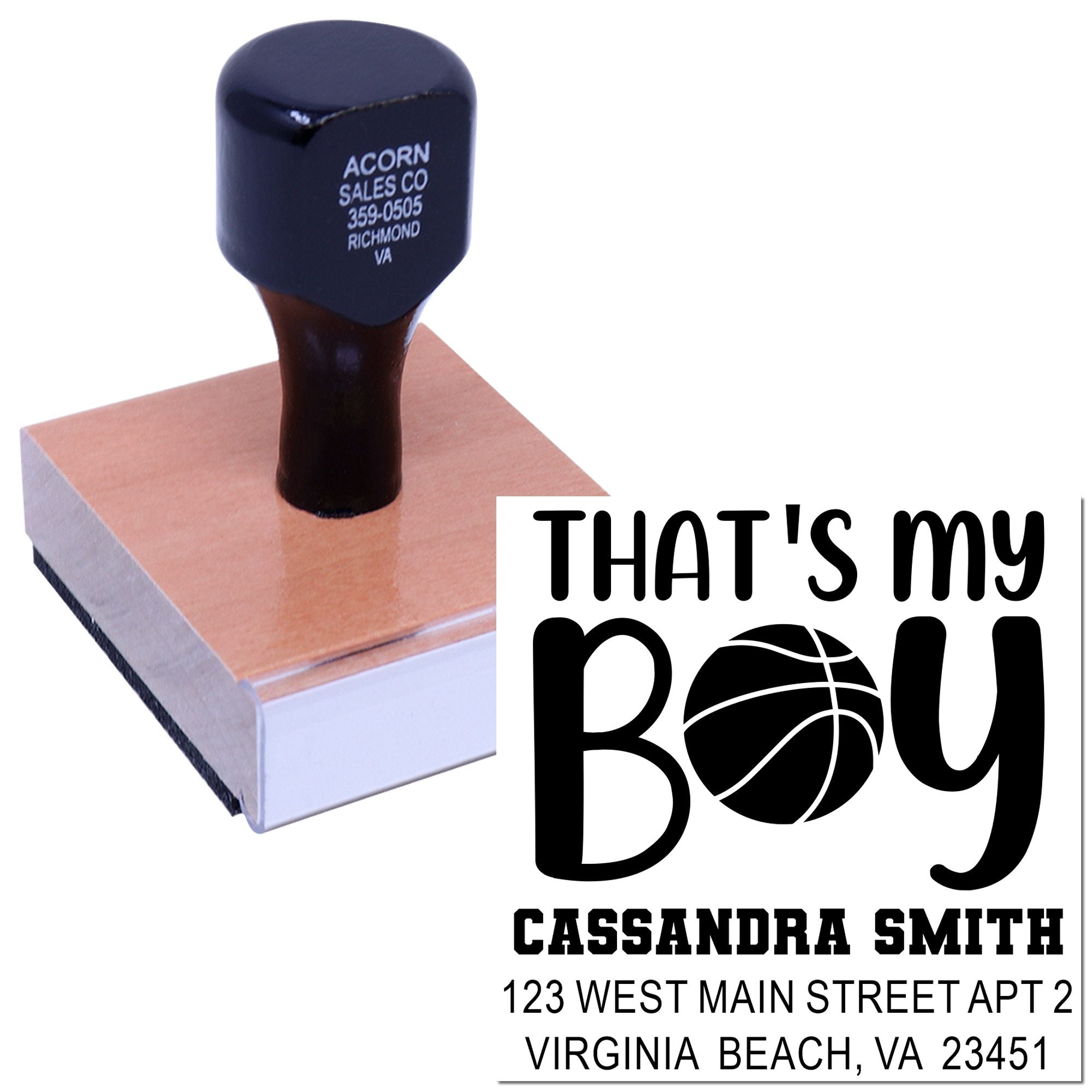 Personalized rubber stamp with Thats My Boy basketball design for custom name and address imprint.