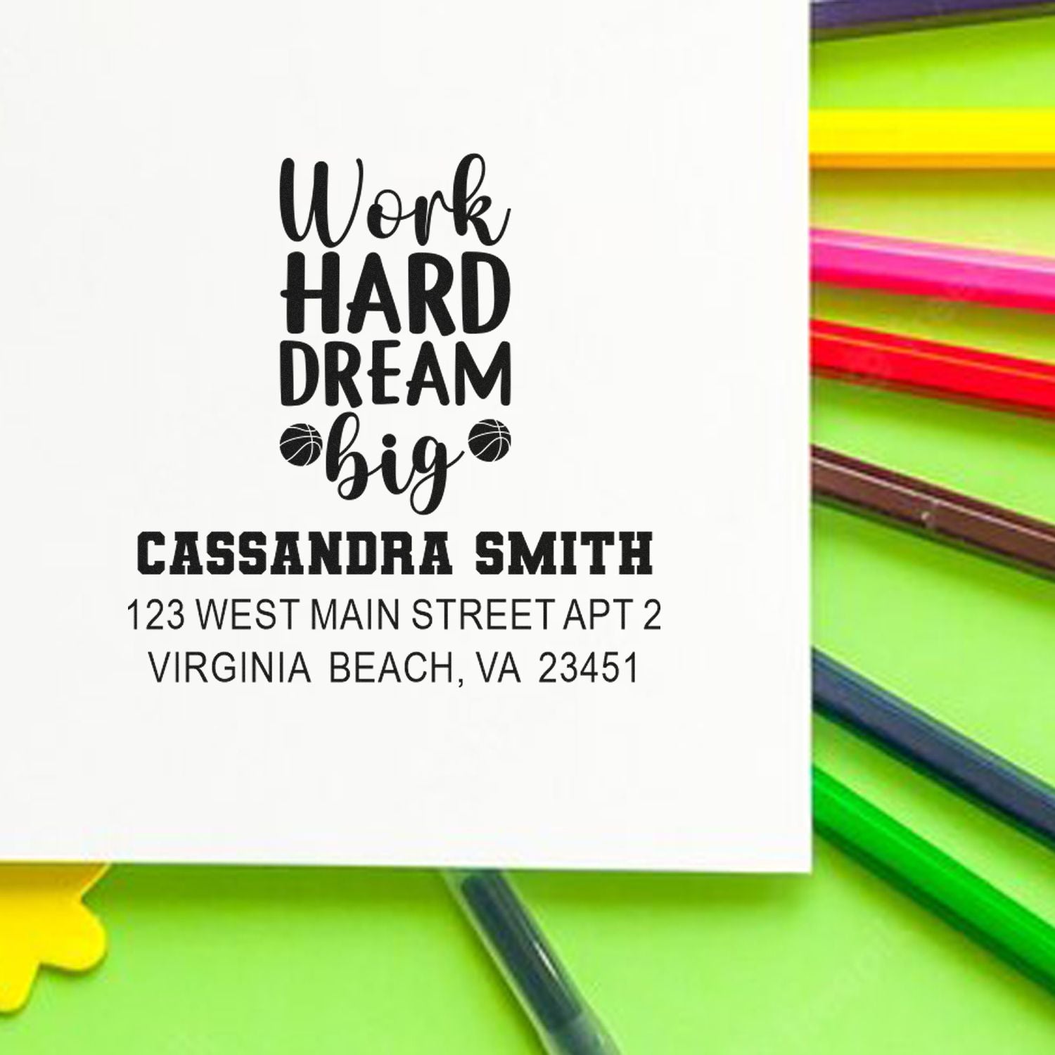 Personalized return address rubber stamp with Work Hard Dream Big design, name, and Virginia Beach address.