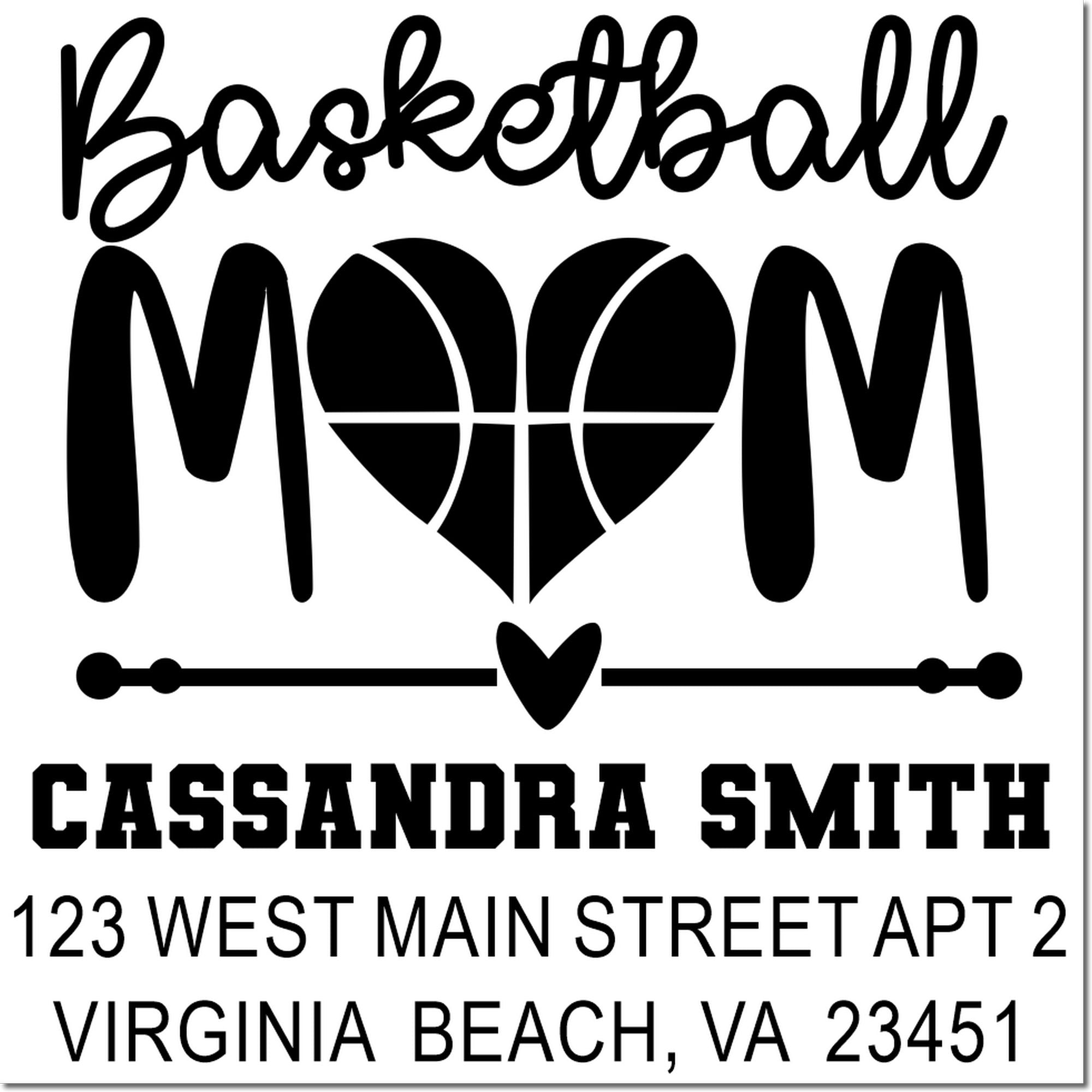 Personalized basketball mom rubber stamp with Cassandra Smith name and Virginia Beach, VA return address.