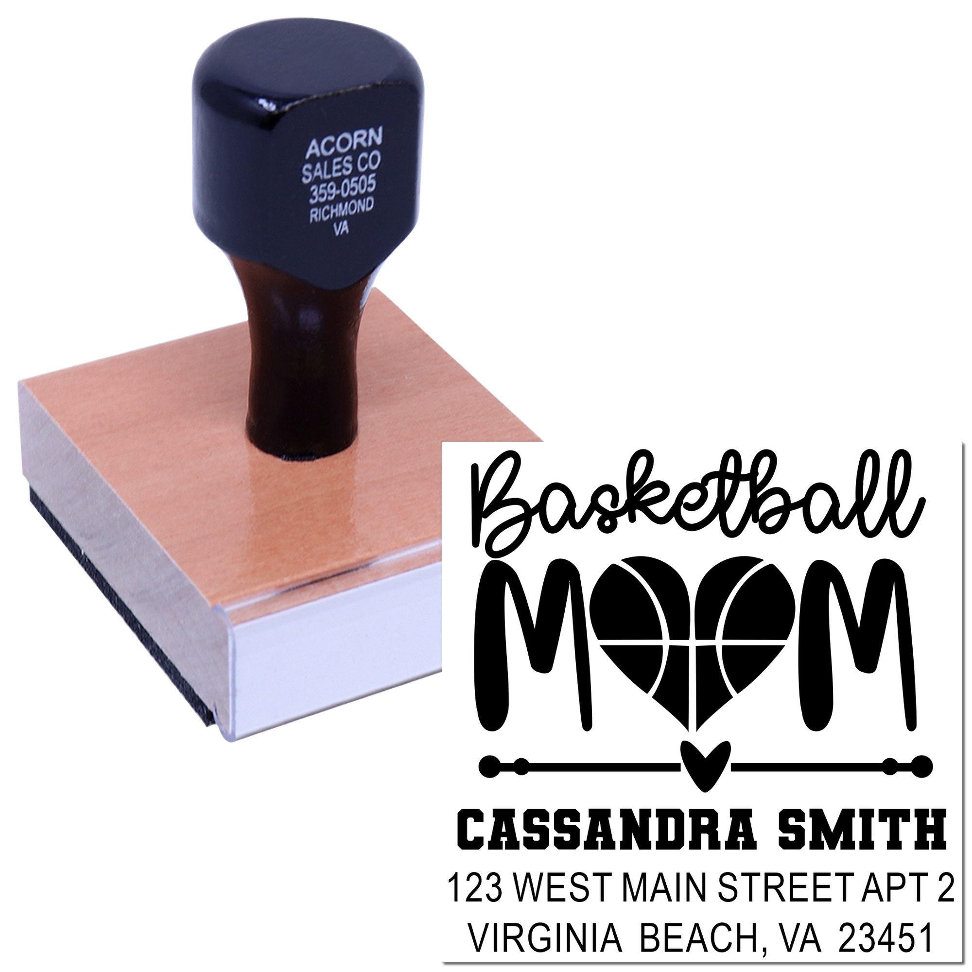 Custom basketball mom rubber stamp with name and address, perfect for personalized mailing and sports fan stationery.