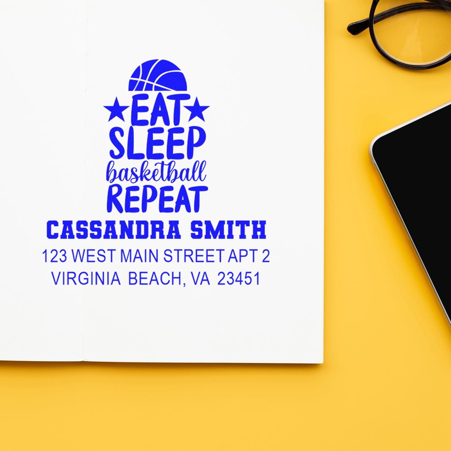 Personalized basketball rubber stamp impression with Eat Sleep Basketball Repeat, name, and address for custom stationery.