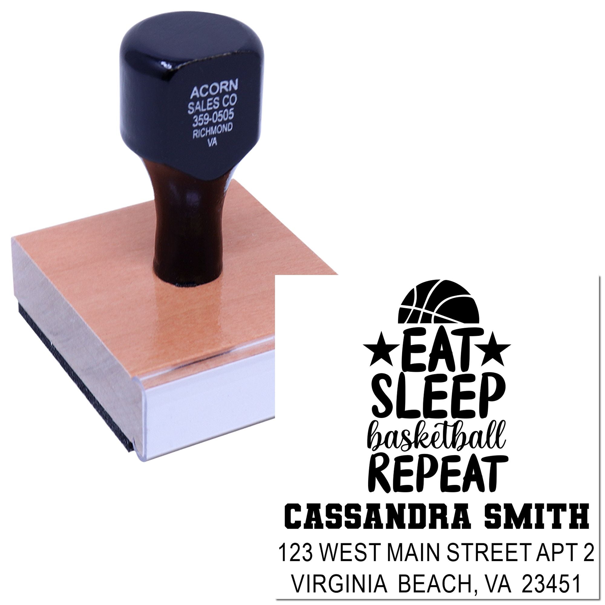 Personalized basketball return address rubber stamp with custom name and Virginia Beach, VA address.