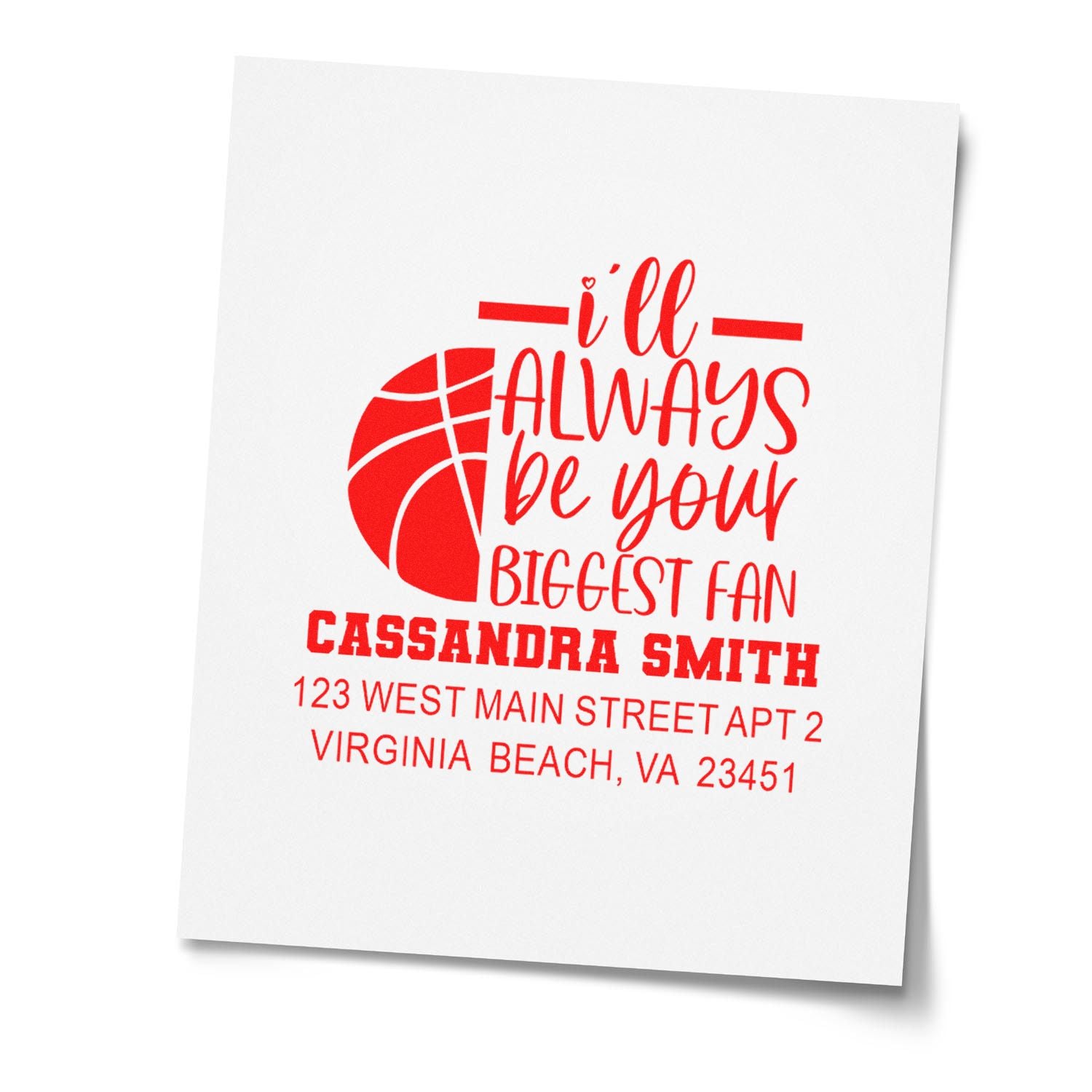 Personalized basketball fan return address rubber stamp with custom name, slogan, and mailing address for envelopes.