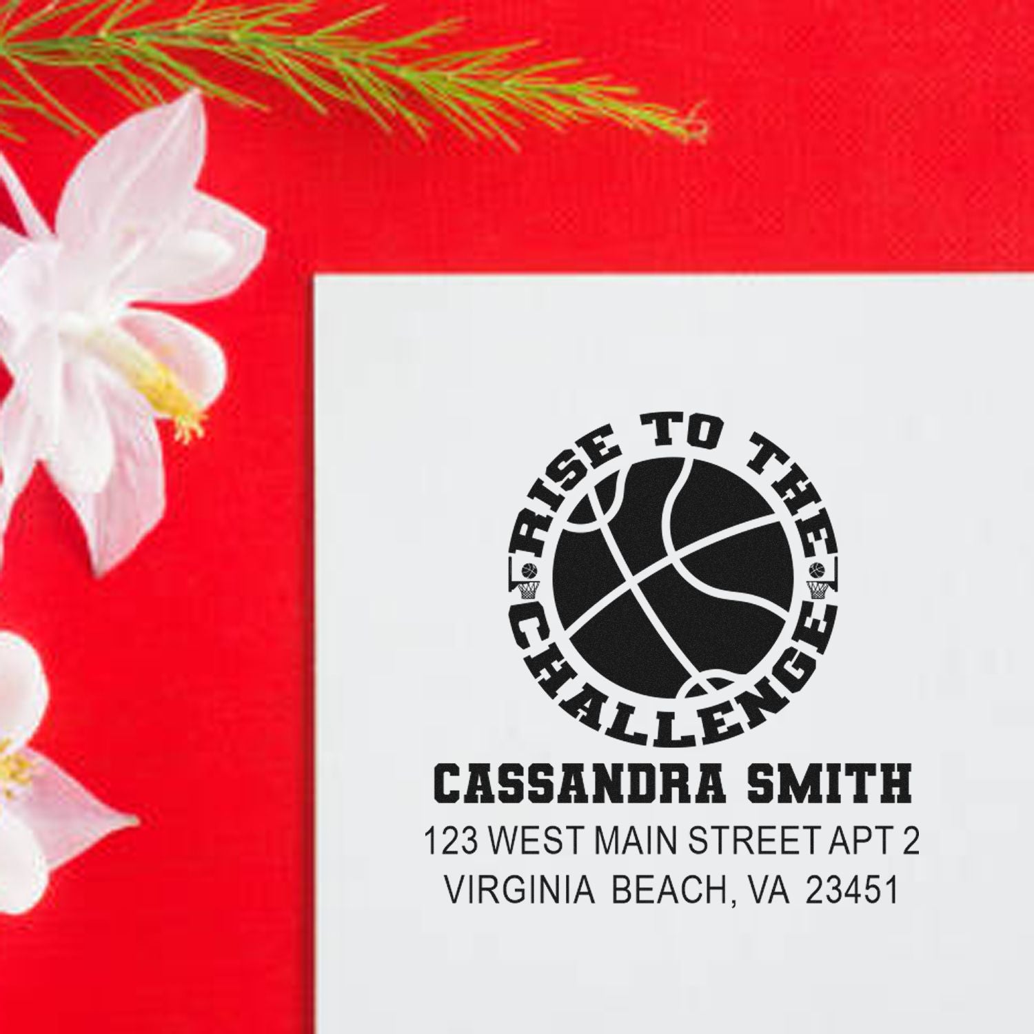 Personalized basketball rubber stamp with Rise to the Challenge design, name, and Virginia Beach return address.