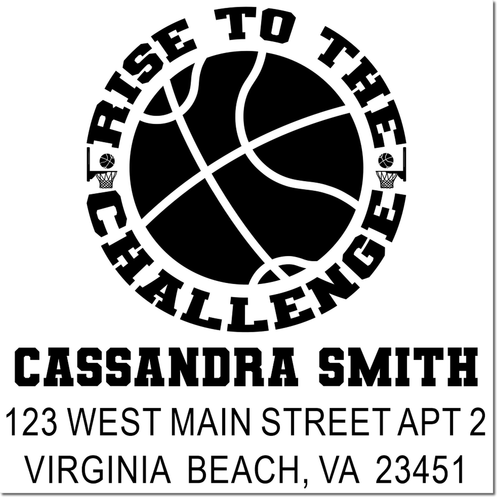 Custom basketball rubber stamp with Cassandra Smith return address for Virginia Beach, VA mail and packaging.