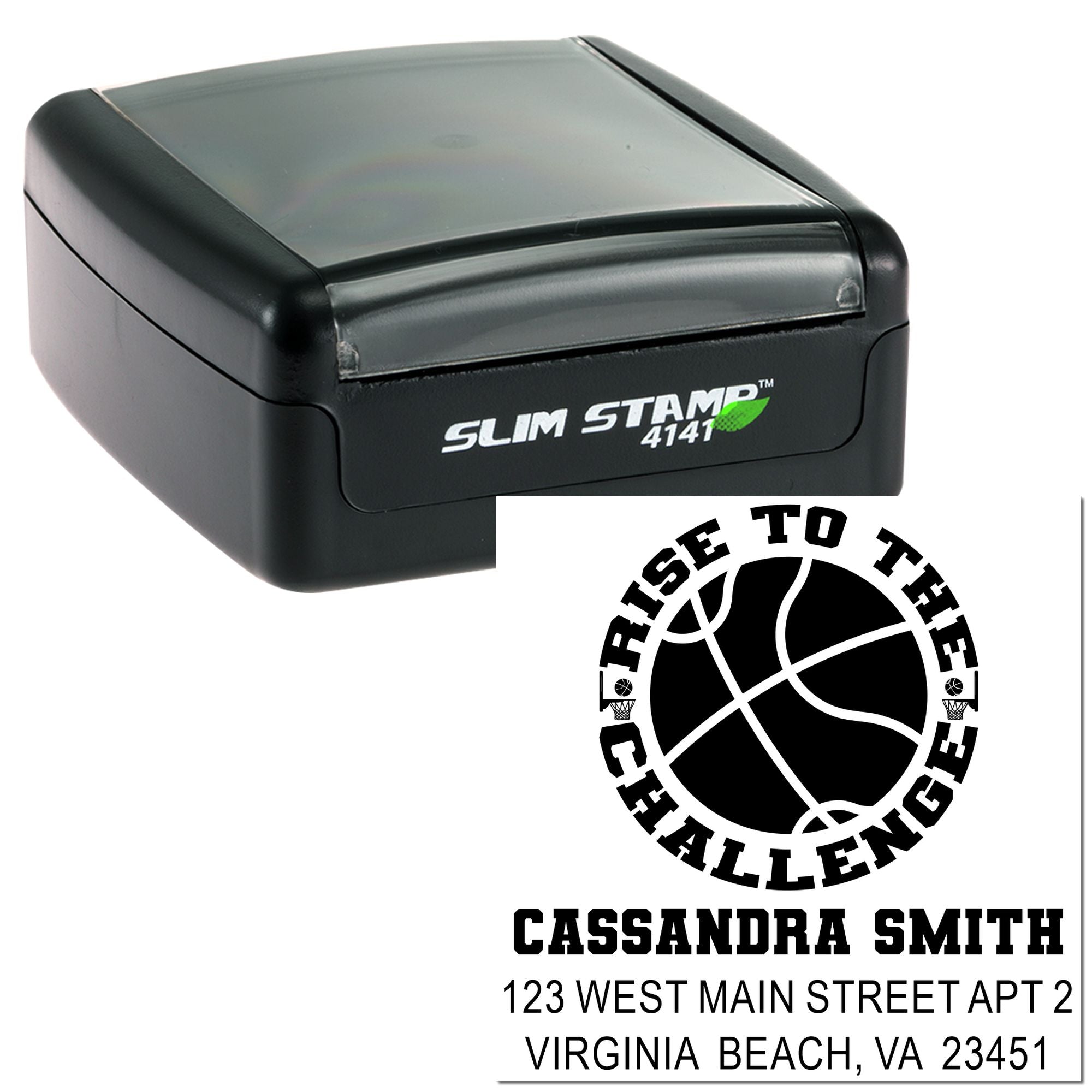 Custom basketball return address self-inking rubber stamp with name and address for sports-themed mailing labels.