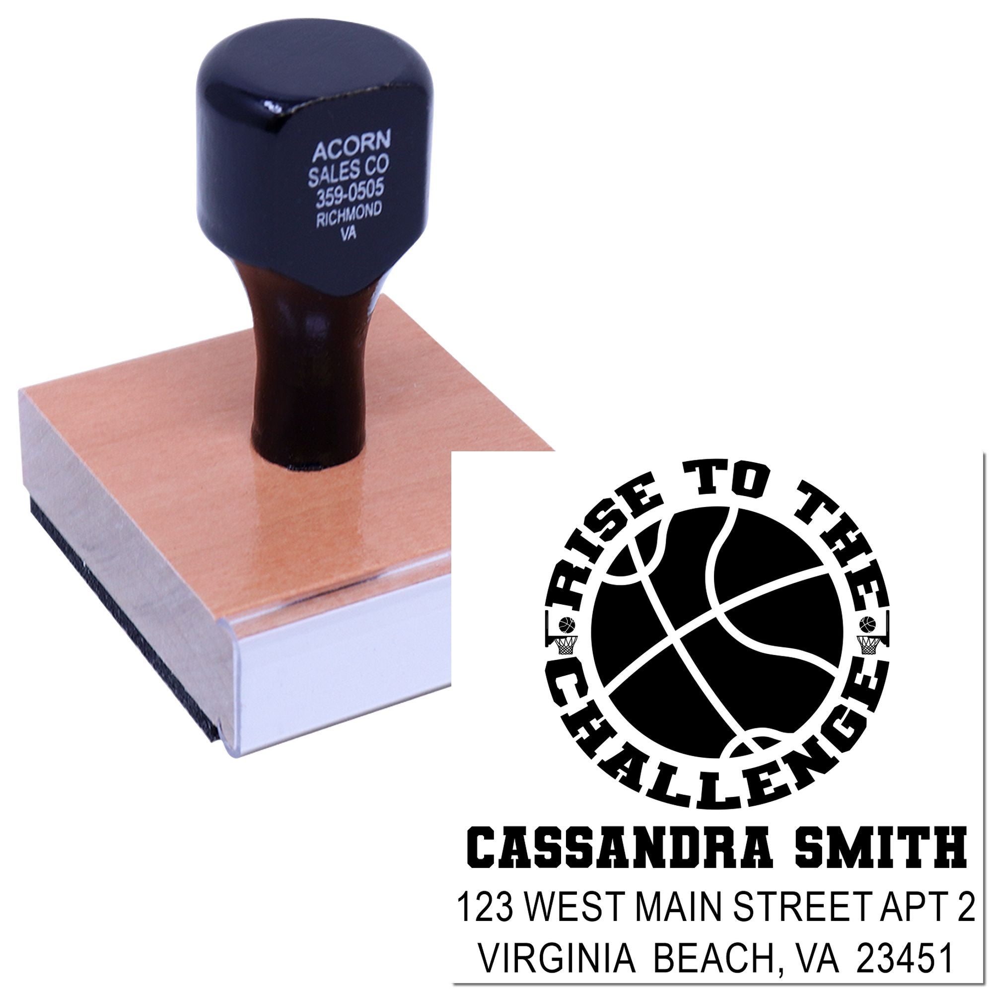 Custom basketball rubber stamp with personalized Virginia Beach address for Cassandra Smith and Rise to the Challenge design.
