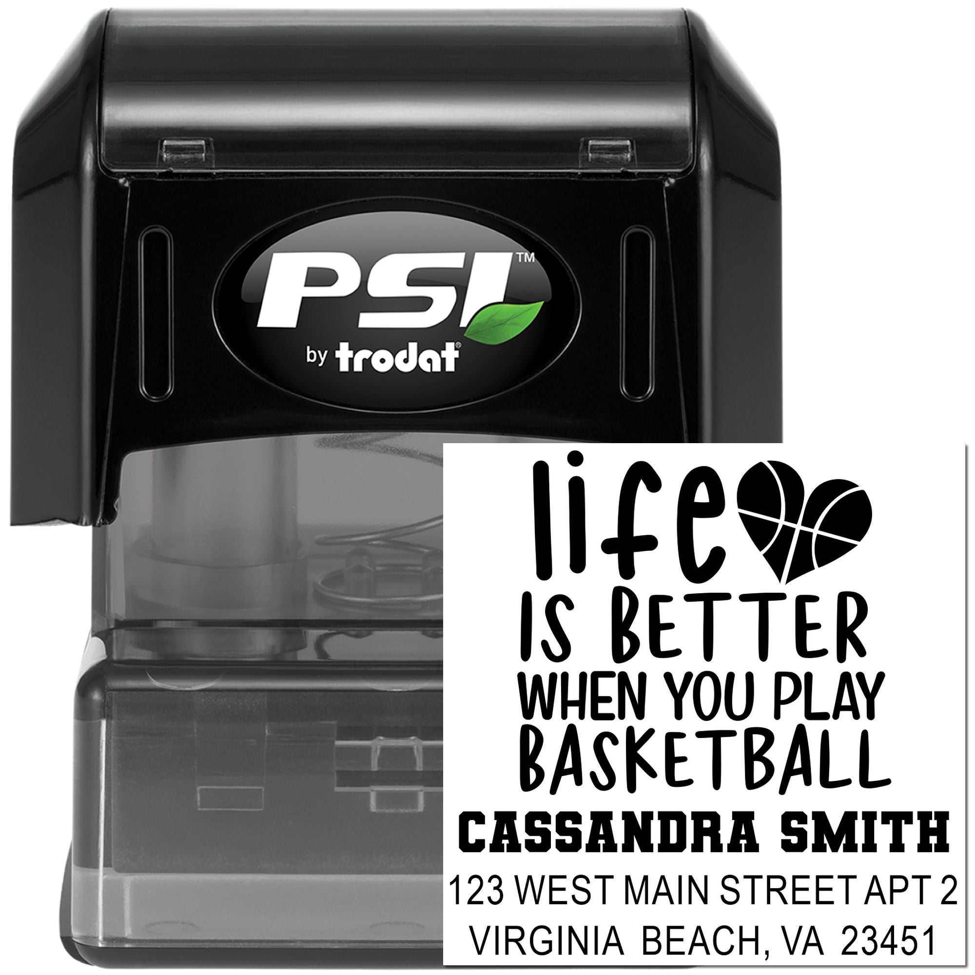 PSI by Trodat self-inking rubber stamp with custom basketball quote, name, and address imprint