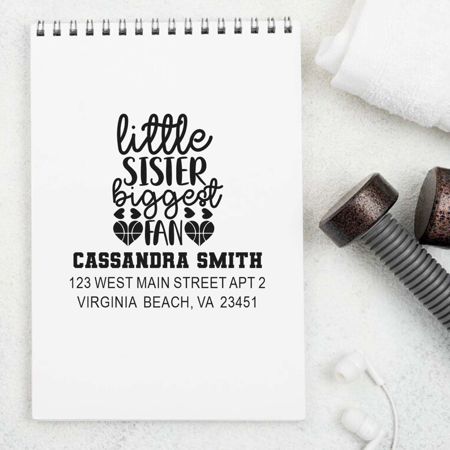 Custom little sister biggest fan rubber stamp with name and return address for personalized mailings and gifts