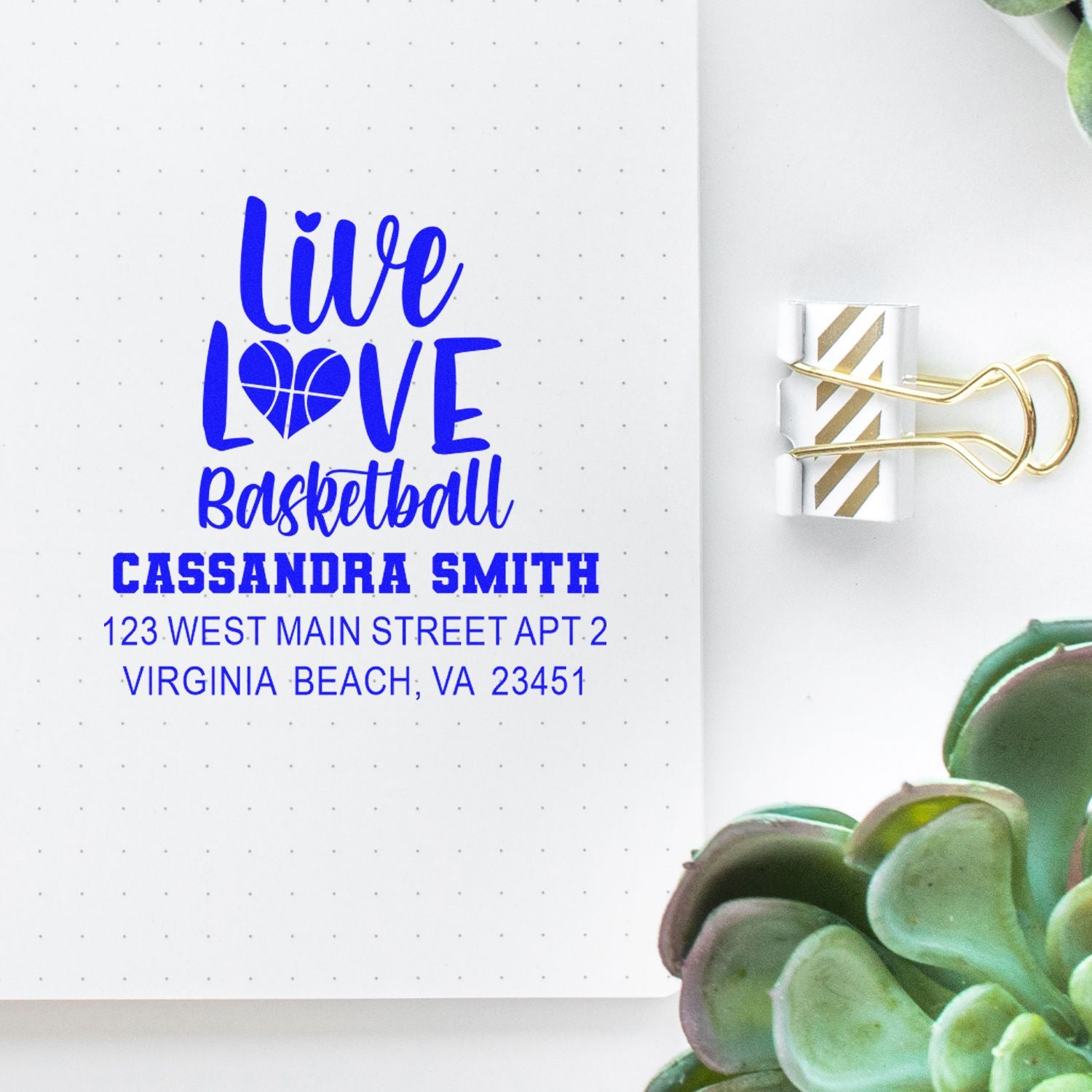 Custom return address rubber stamp with Live Love Basketball, name, and Virginia Beach address.