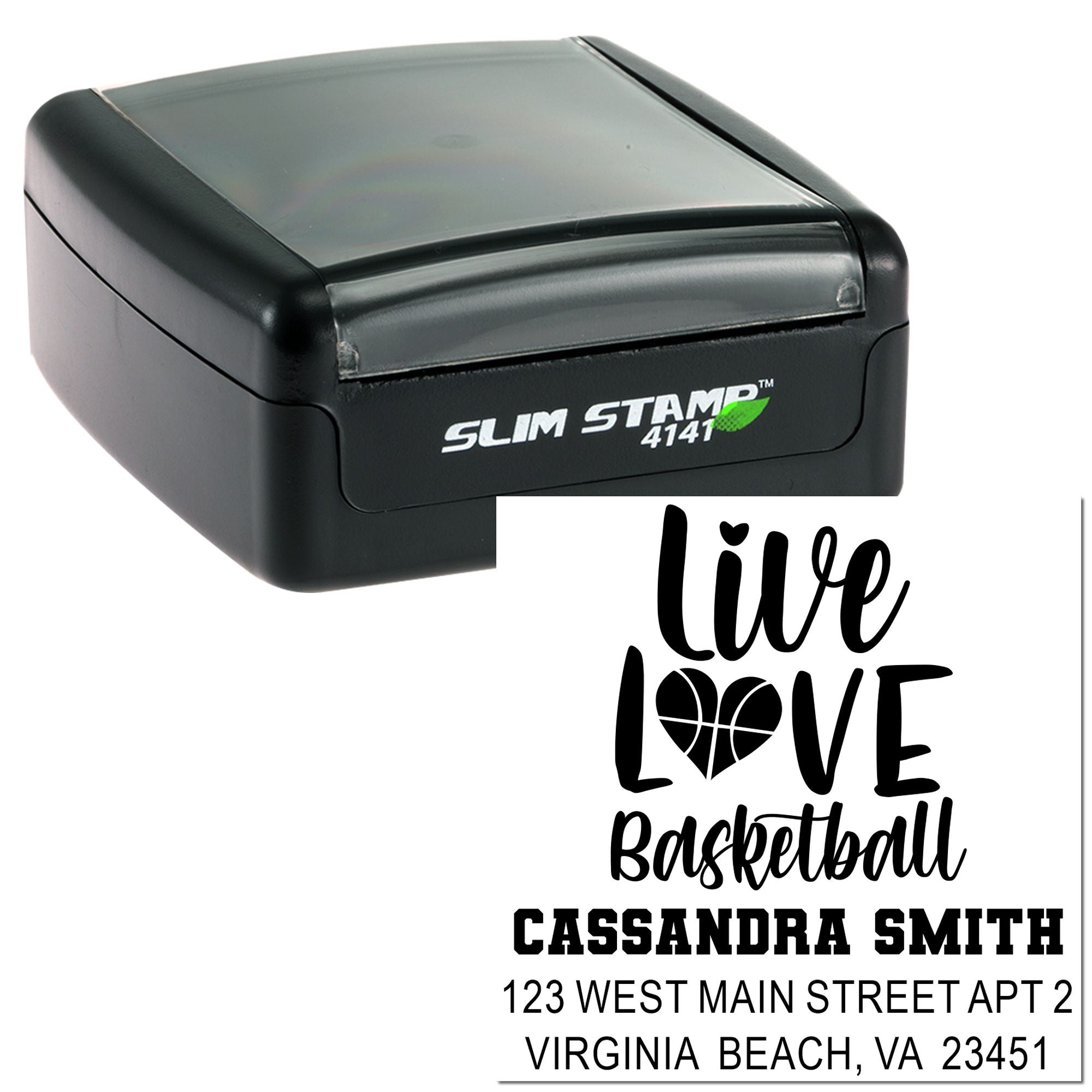 Custom self-inking rubber stamp with Live Love Basketball design and personalized address imprint for mailing and crafts.