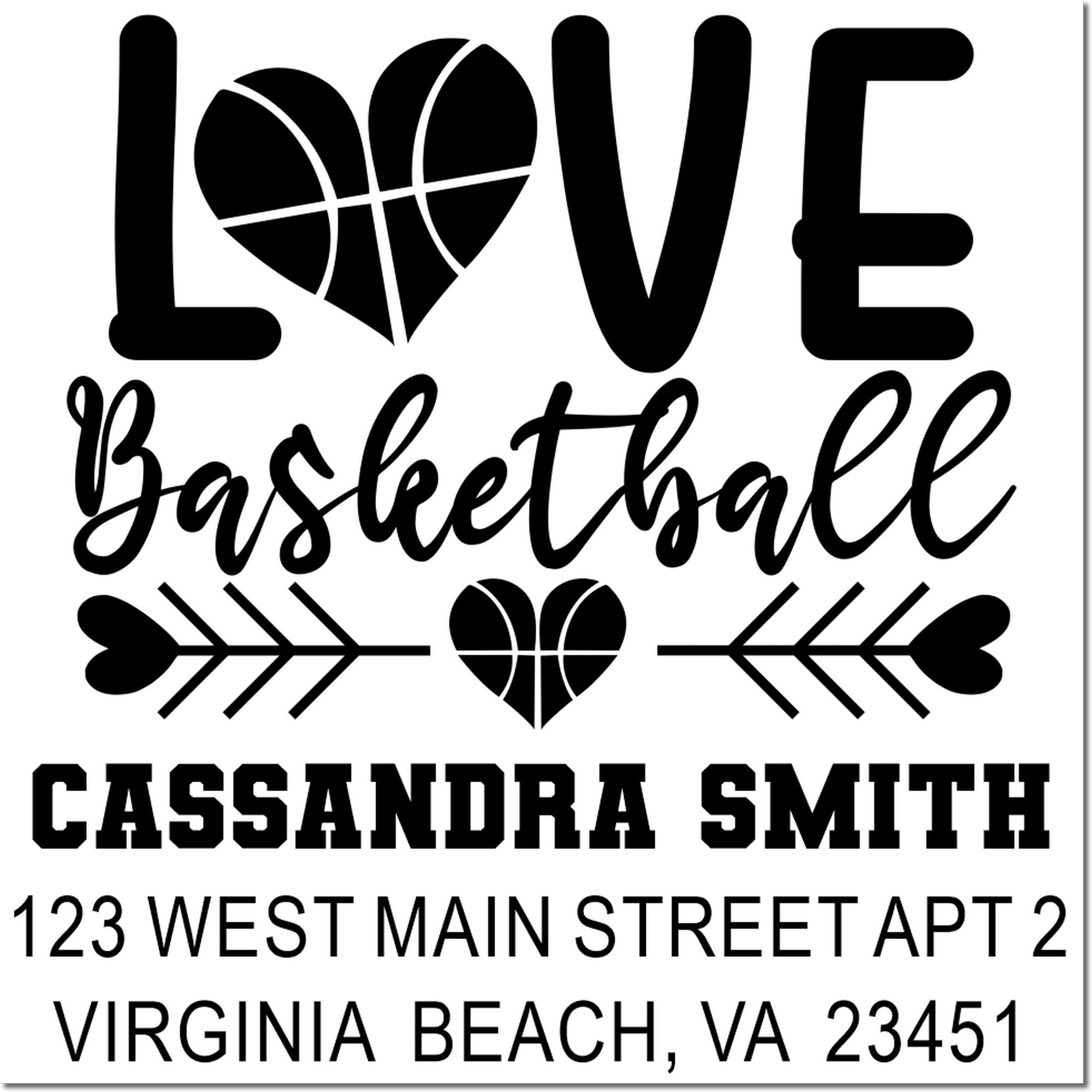 Custom basketball love return address rubber stamp for Cassandra Smith, Virginia Beach, VA 23451.