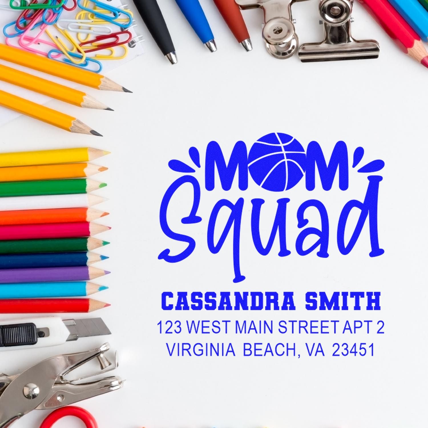 Custom Mom Squad rubber stamp with name and address, ideal for personalized family mail, labels, and school supplies.