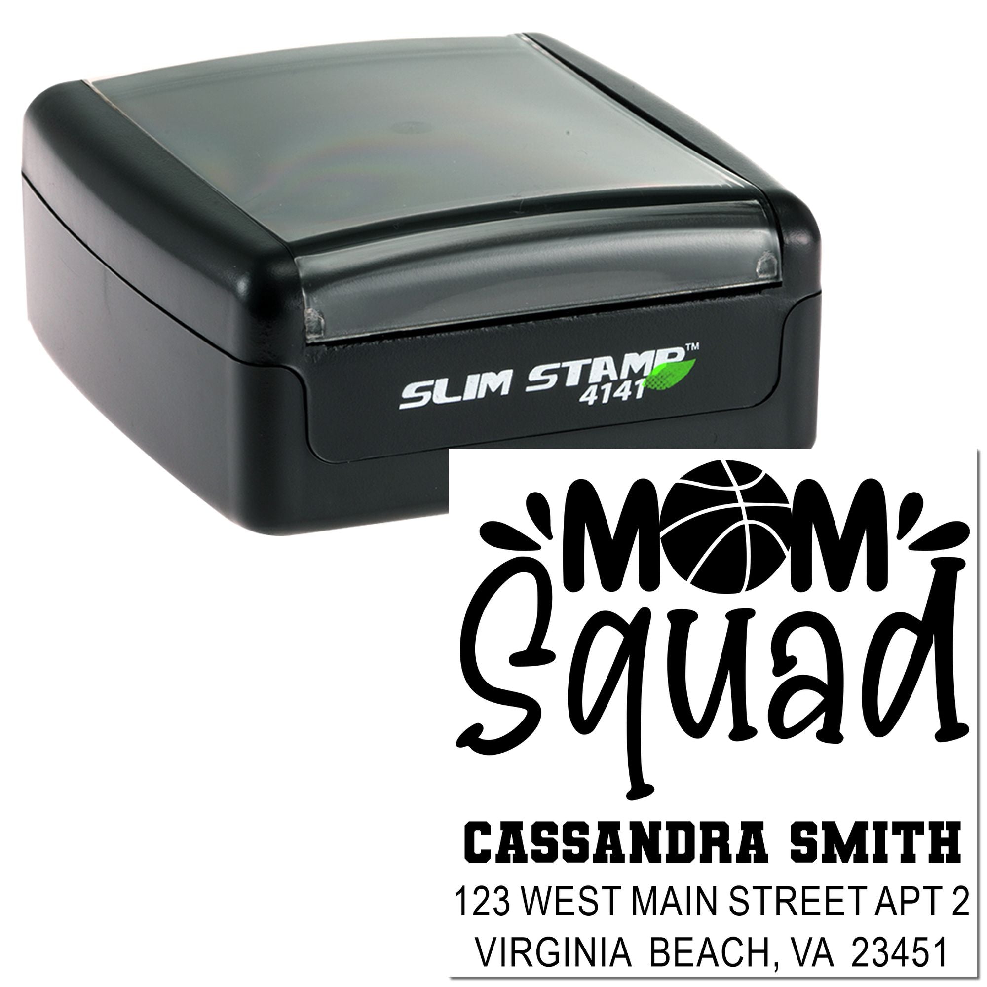 Custom self-inking rubber stamp with Mom Squad design and return address for Cassandra Smith, Virginia Beach, VA