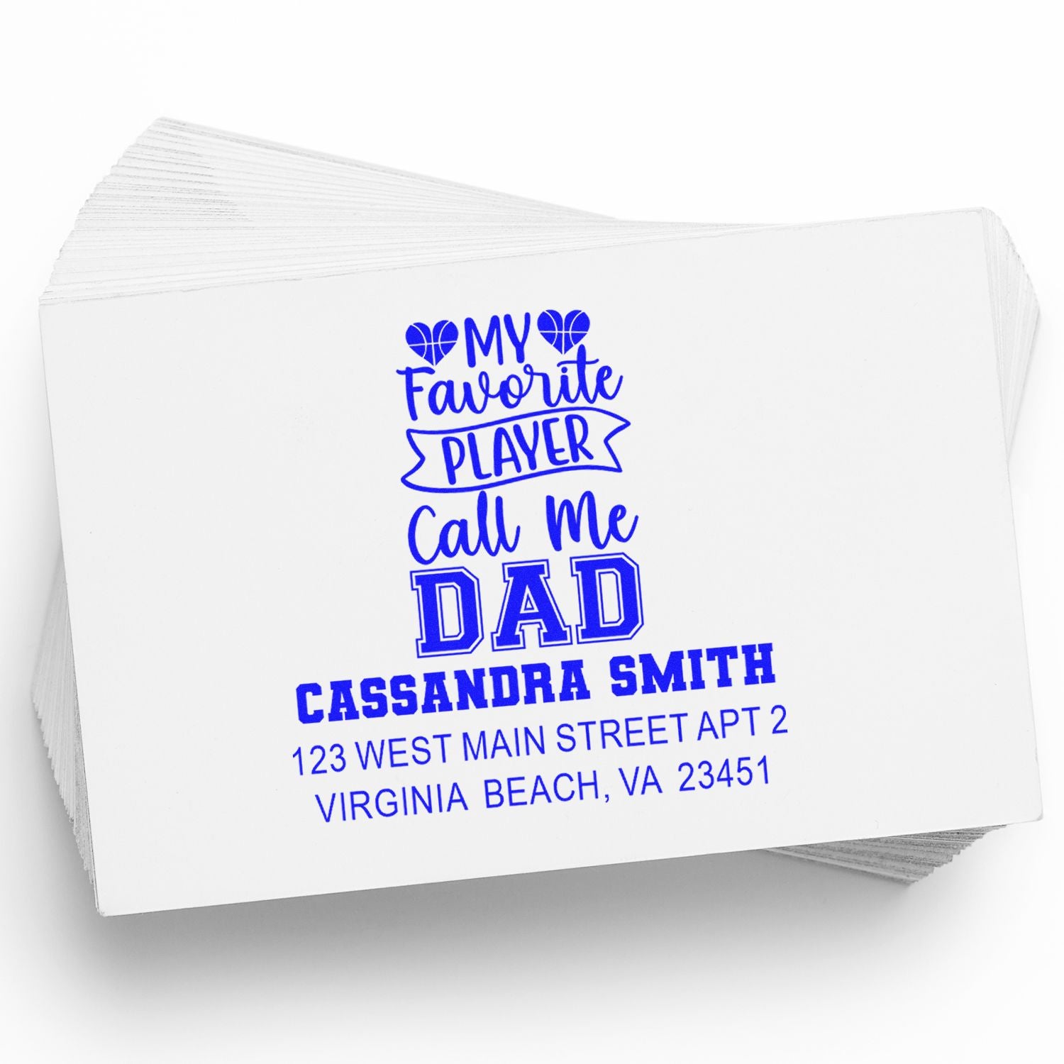 Personalized basketball dad rubber stamp design with name and address for custom stationery and gift use.