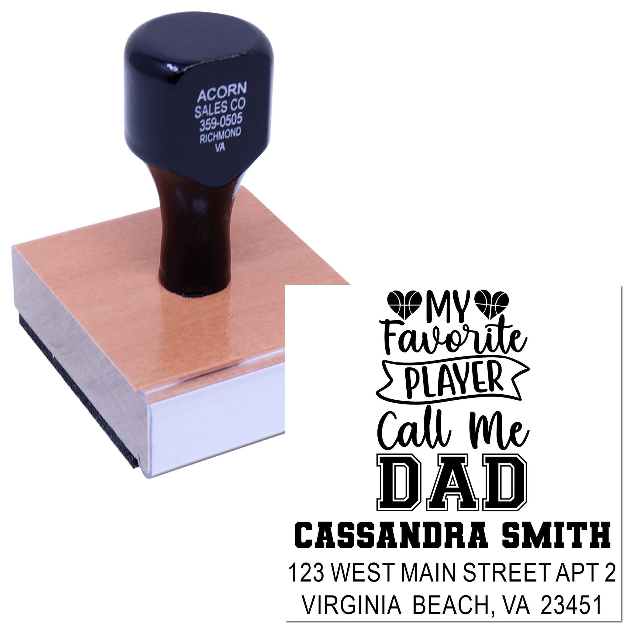 Custom rubber stamp with personalized My Favorite Player Call Me Dad design and address for a sports dad gift.