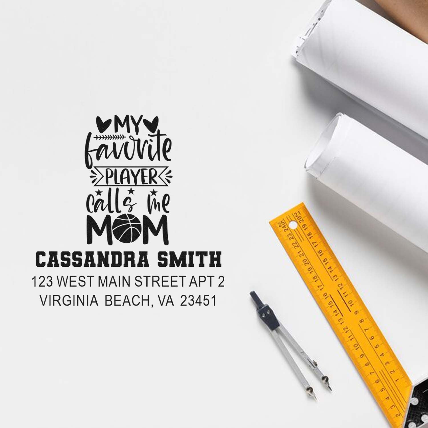 Custom rubber stamp design for mom with My favorite player calls me Mom and personalized name and address.