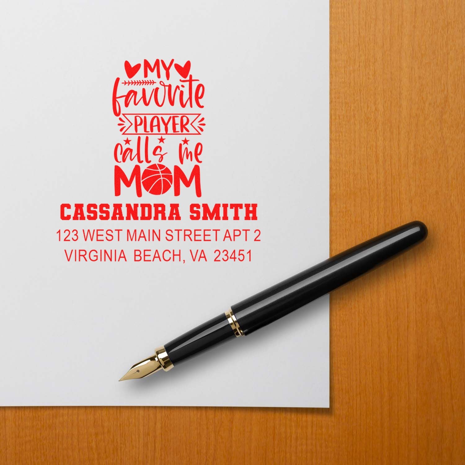 Custom rubber stamp for basketball mom, featuring My favorite player calls me Mom with personalized name and address.