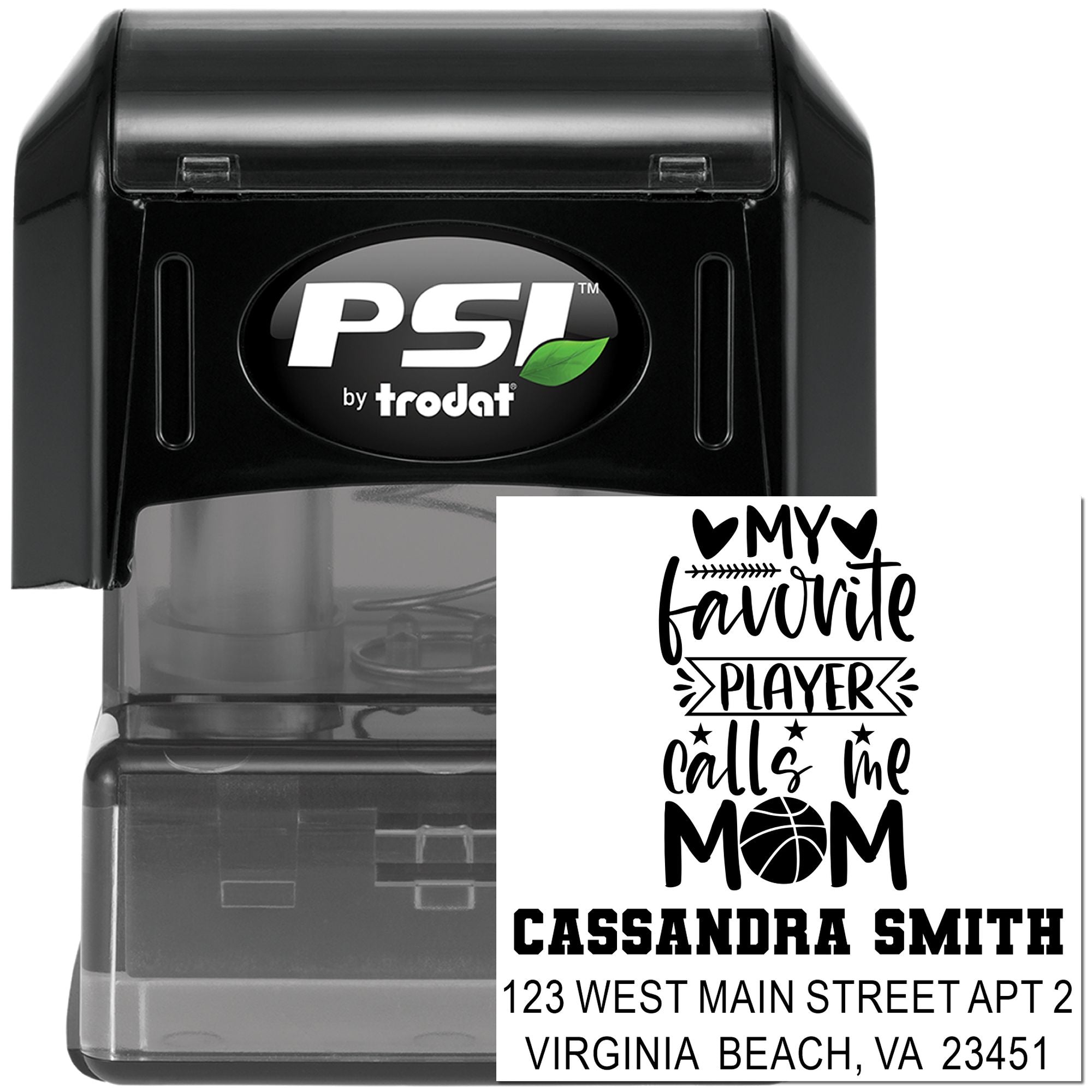 Custom self-inking PSI by Trodat rubber stamp with personalized my favorite player calls me mom return address design.