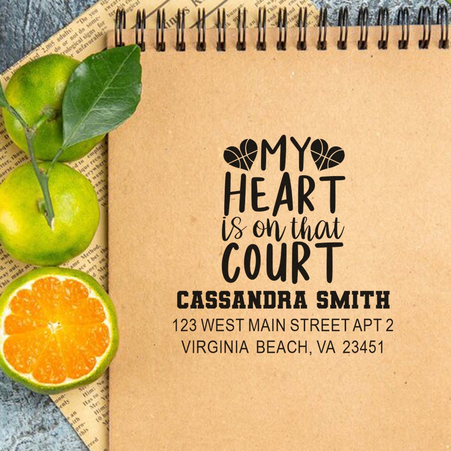 Custom basketball rubber stamp address label reading My heart is on that court with name and Virginia Beach address.
