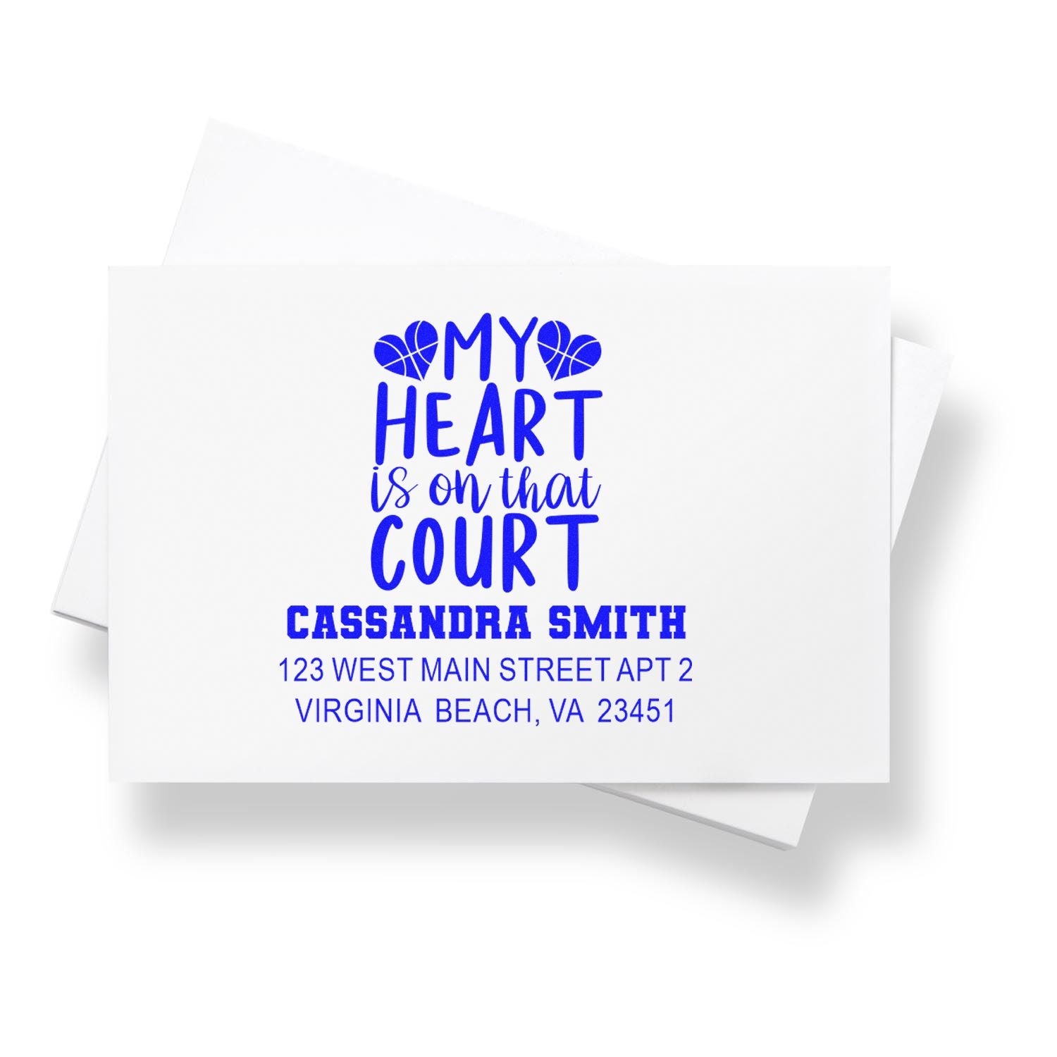 Personalized basketball rubber stamp with My Heart Is on That Court design and return address for custom mailings.