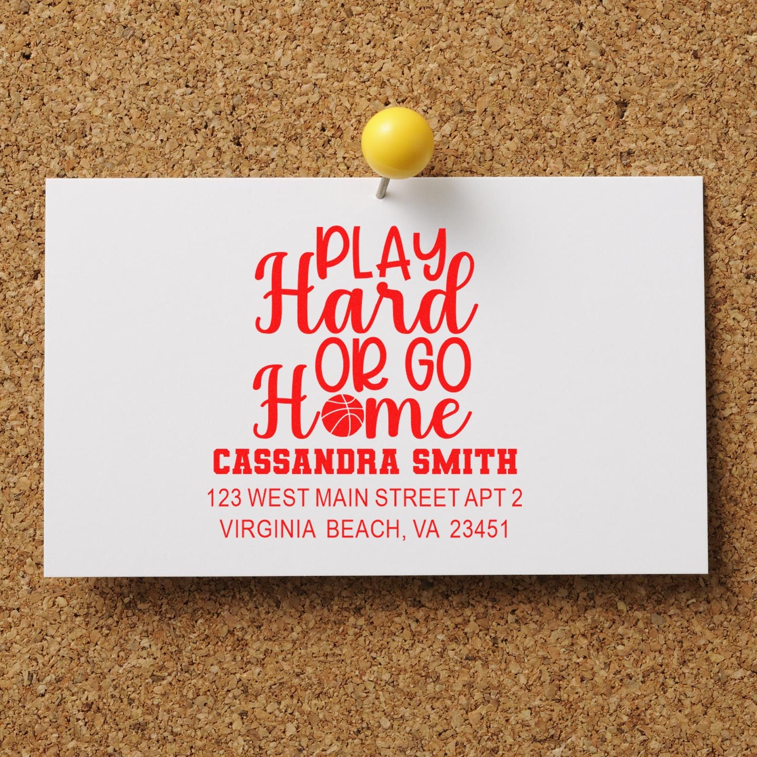 Custom rubber stamp with Play Hard or Go Home design, name, and return address for personalized sports stationery.