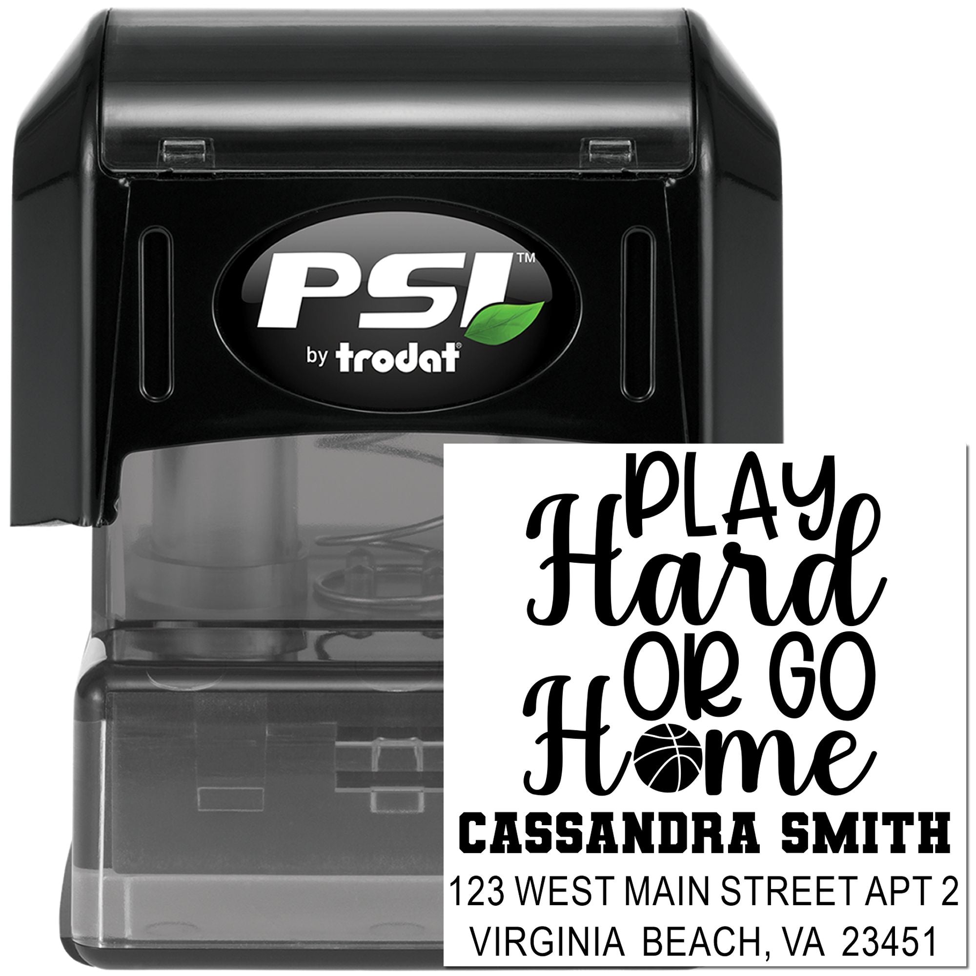 Custom self-inking rubber address stamp with Play Hard or Go Home design, name and address for personalized mailing.