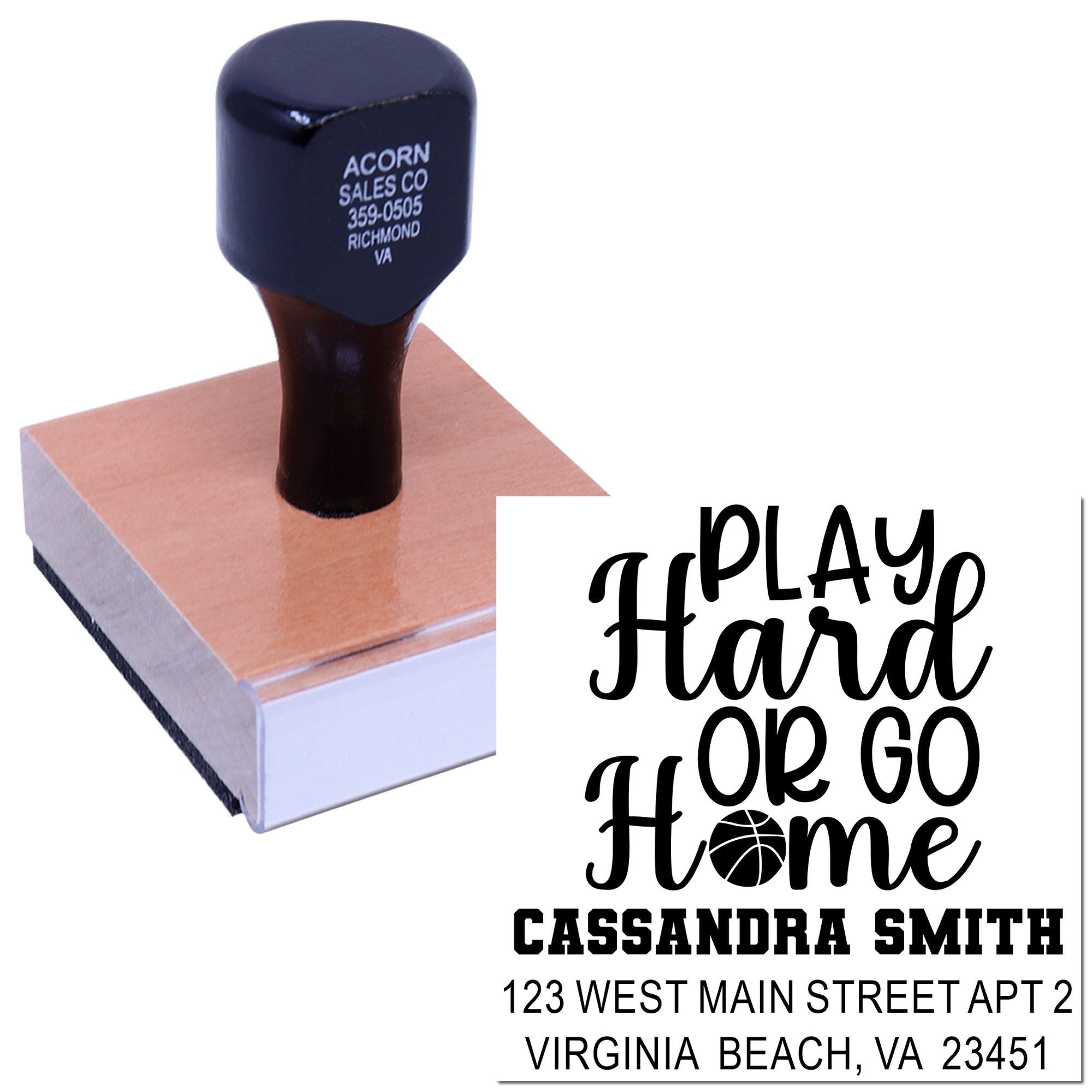 Custom rubber stamp with Play Hard or Go Home design, name, and address for personalized business or return mailing use.