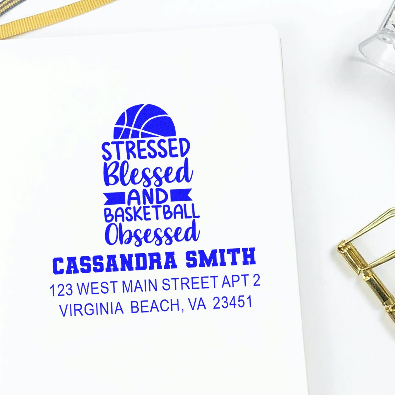 Custom basketball address rubber stamp featuring Stressed Blessed and Basketball Obsessed for personalized stationery.