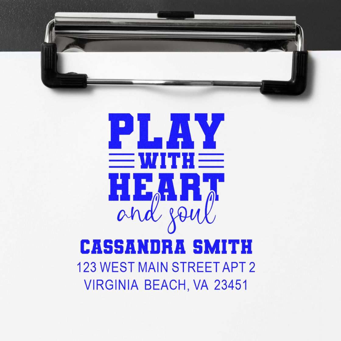 Custom rubber stamp impression with Play with Heart and Soul and return address for personalized mailings.