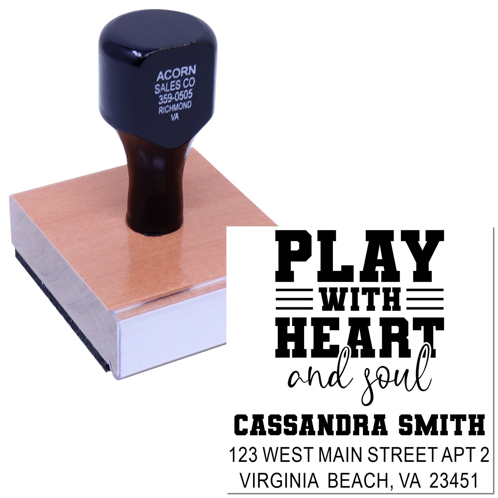 Custom rubber stamp with Play with Heart and Soul design and personalized name and address imprint.