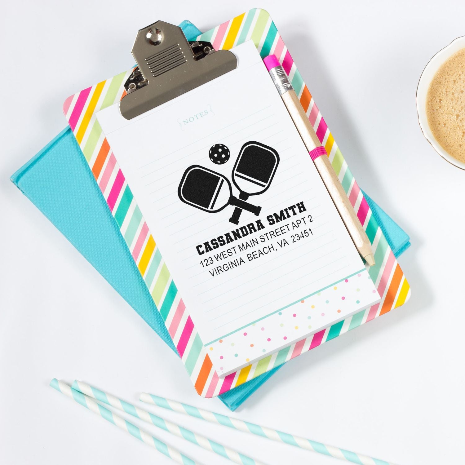 Custom pickleball address rubber stamp on a notepad, perfect for personalized stationery and mail.