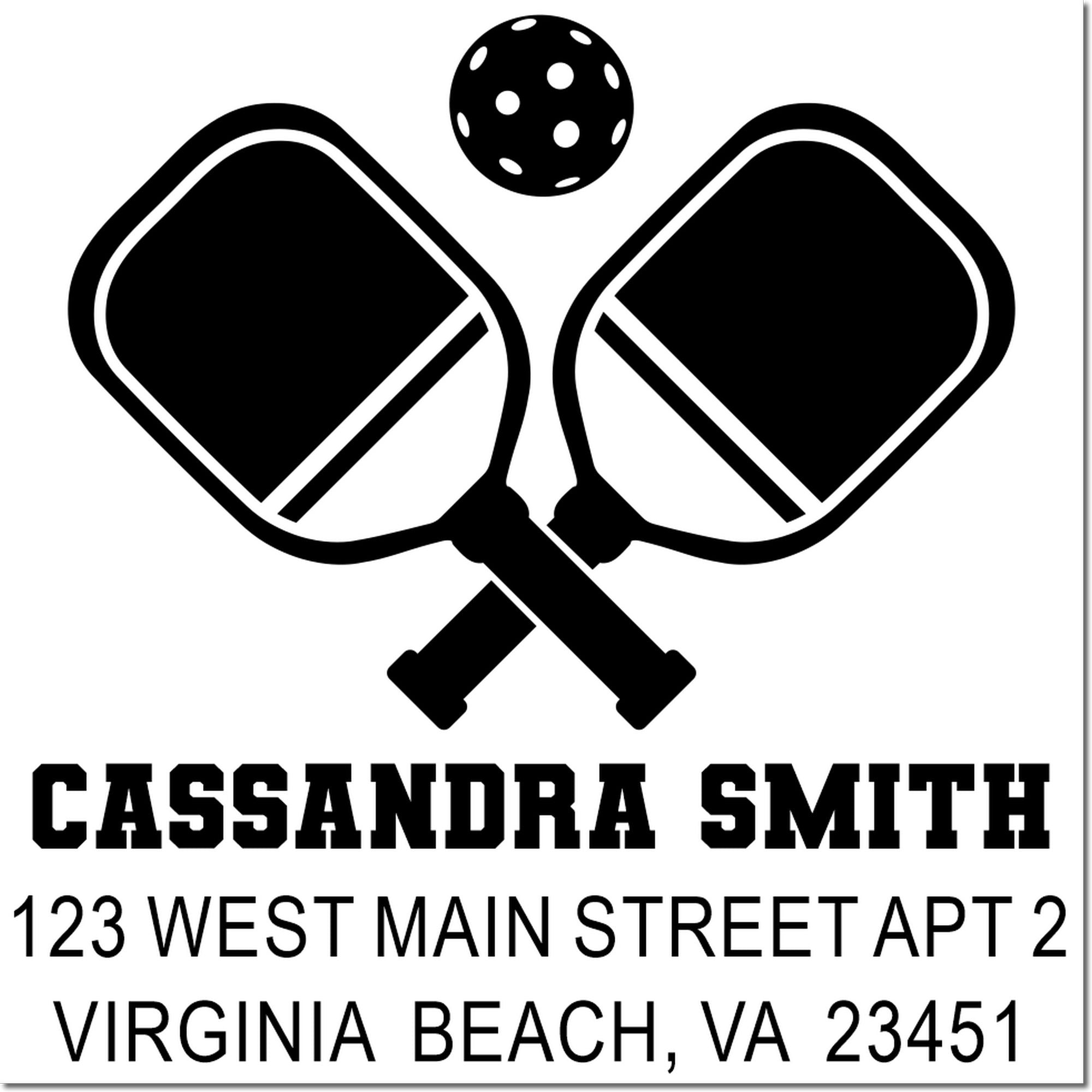 Custom pickleball return address stamp with crossed paddles, ball, and Cassandra Smiths Virginia Beach, VA address.