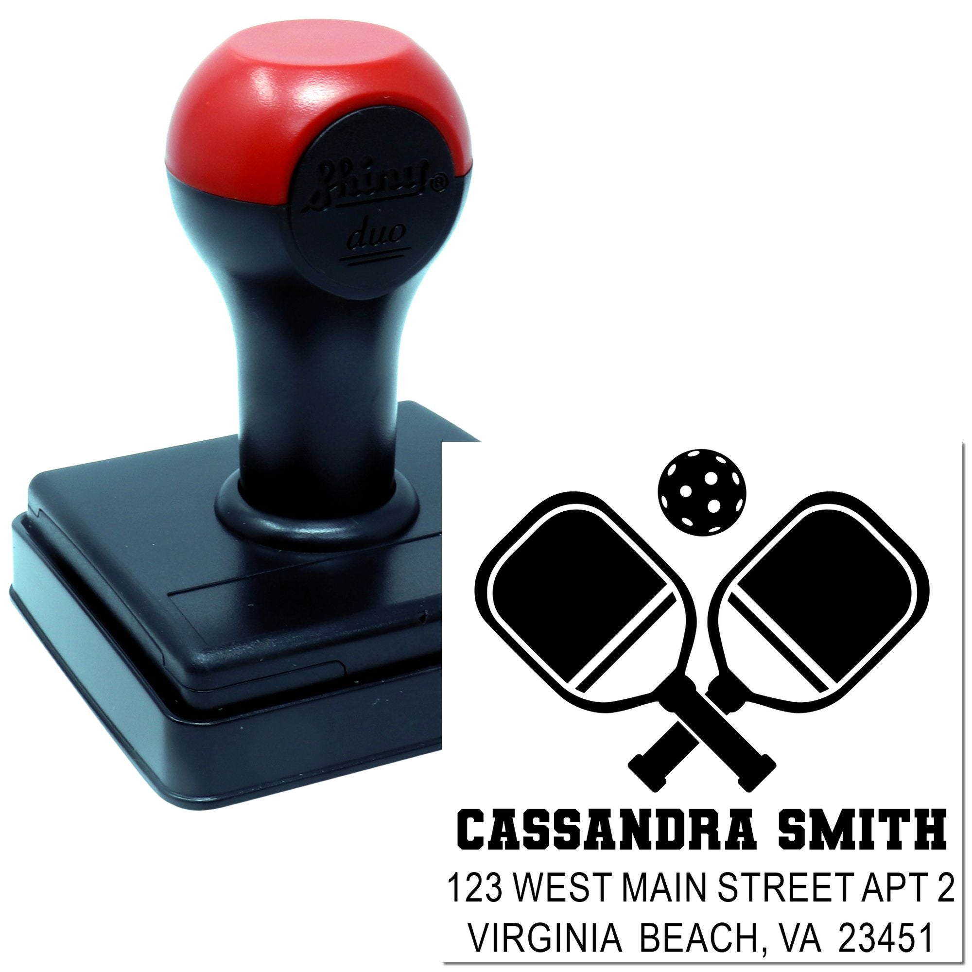 Personalized self-inking address stamp for pickleball player Cassandra Smith, Virginia Beach, VA.