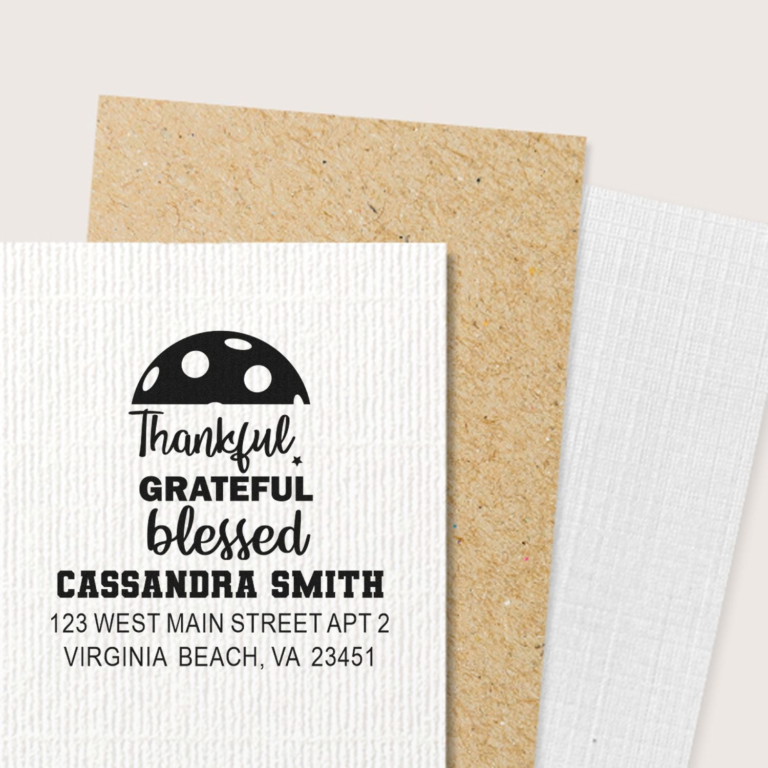 Custom rubber stamp with Thankful, Grateful, Blessed message and return address for personalized cards and stationery.