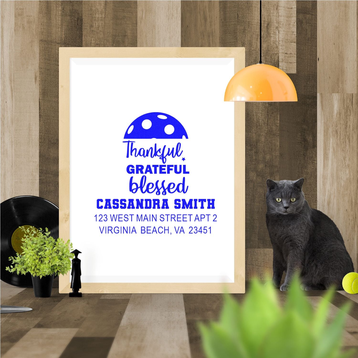 Custom return address rubber stamp with Thankful Grateful Blessed for Cassandra Smith in Virginia Beach, VA.