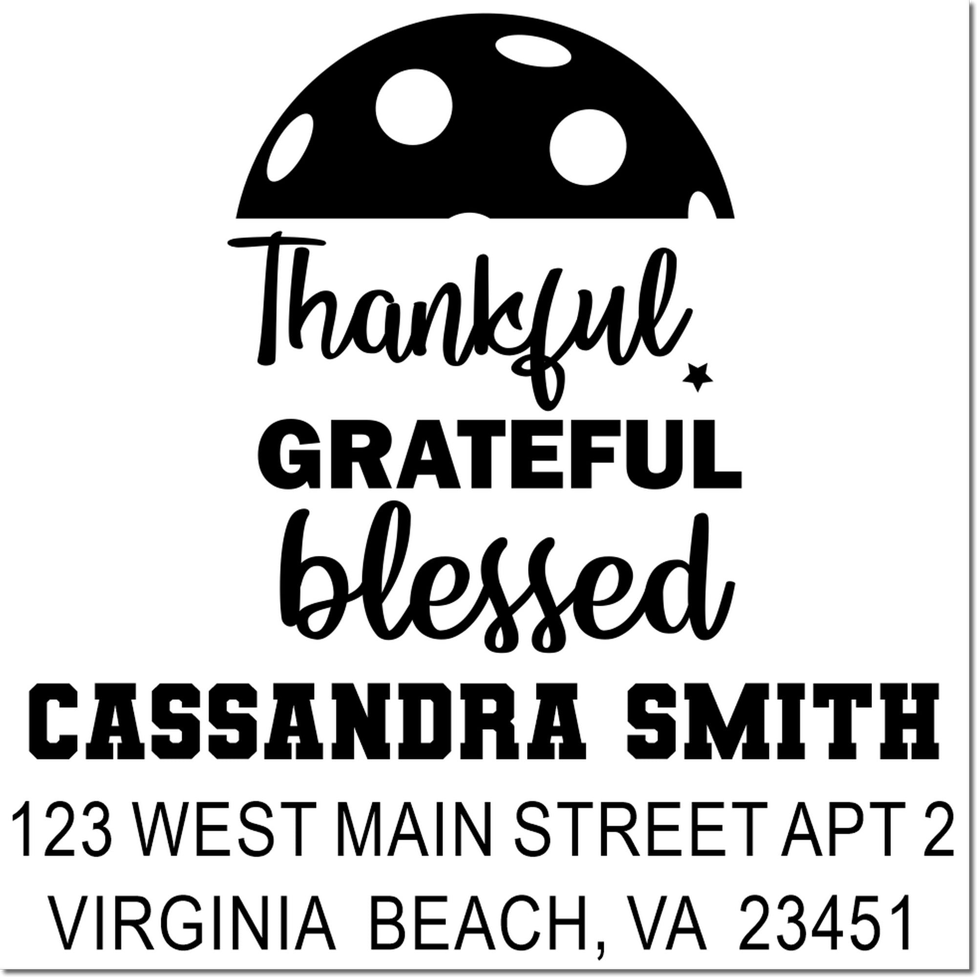 Custom thankful, grateful, blessed return address rubber stamp with personalized name and address for thank you cards.