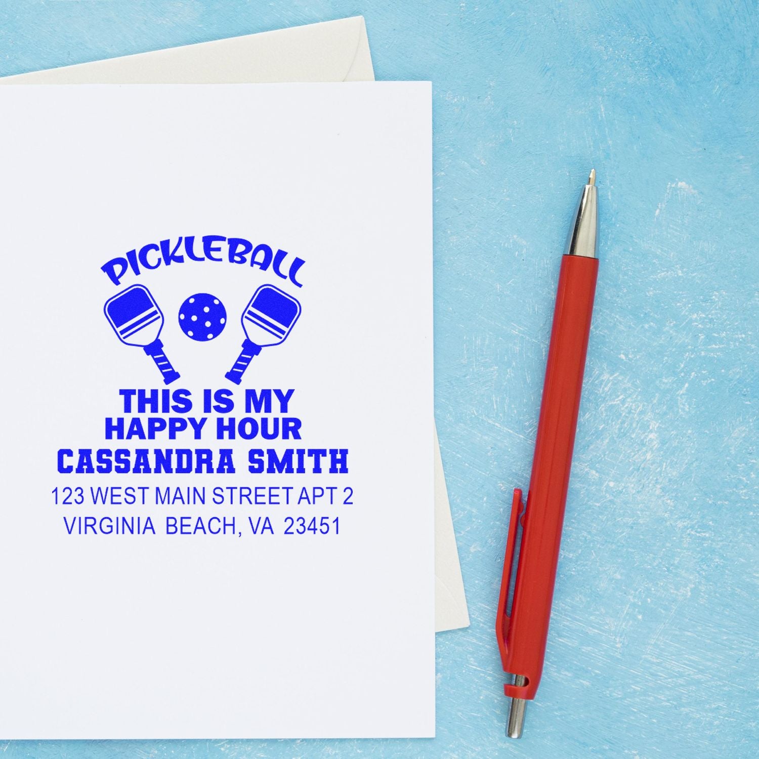 Custom pickleball rubber stamp with name and address for personalized happy hour stationery and note cards.