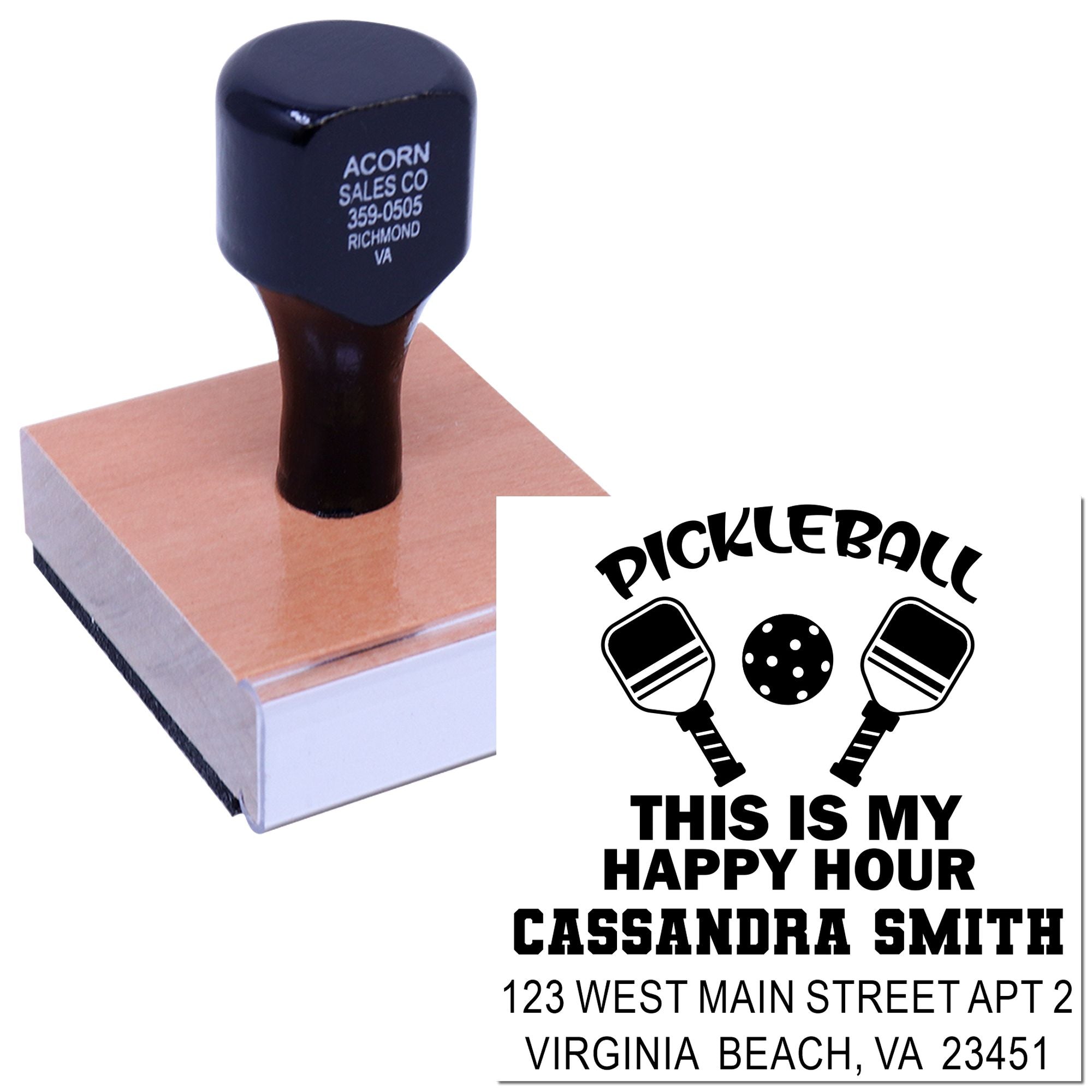 Custom pickleball happy hour rubber stamp with personalized name and address for return address and party invitations