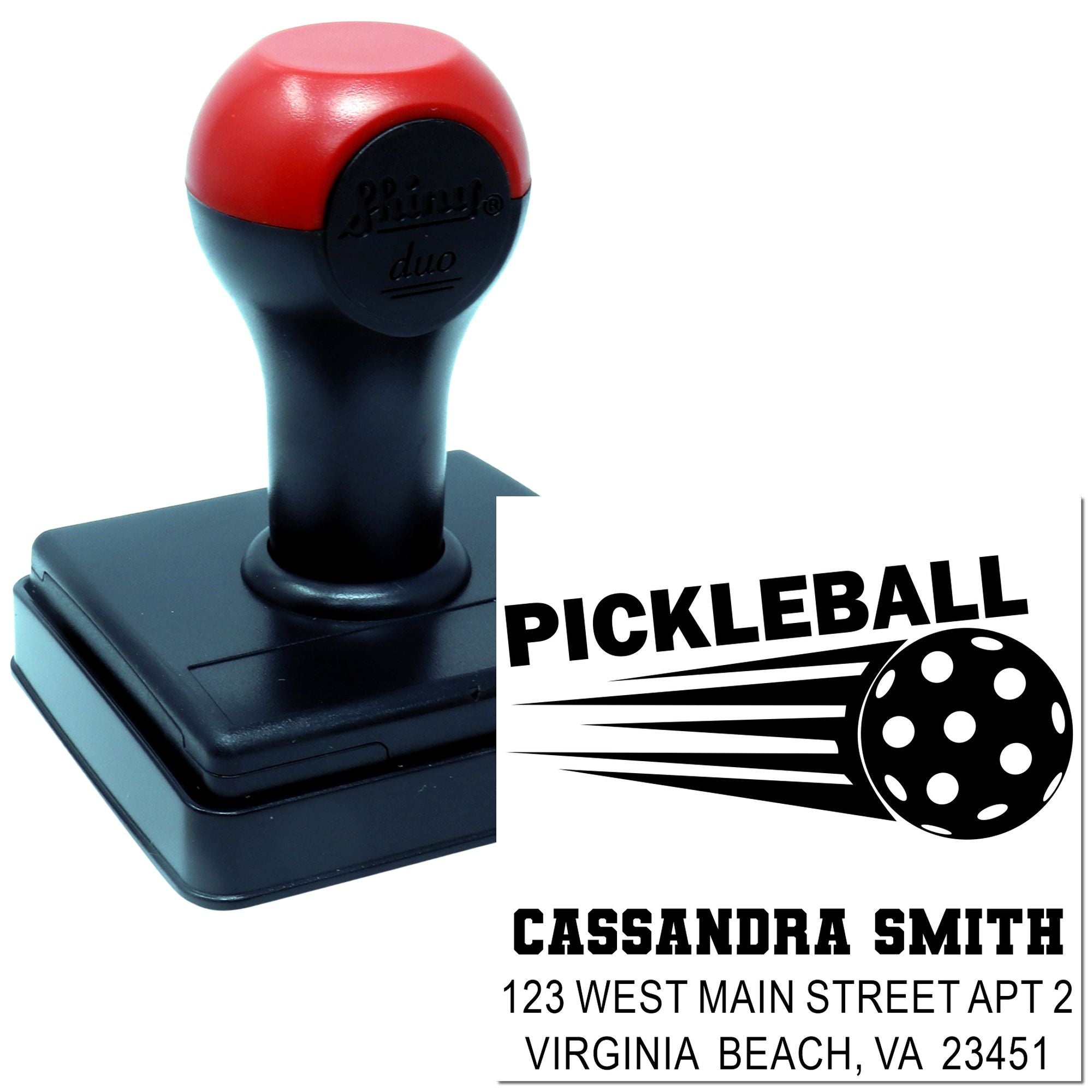 Custom pickleball self-inking rubber stamp with personalized return address and player logo design.
