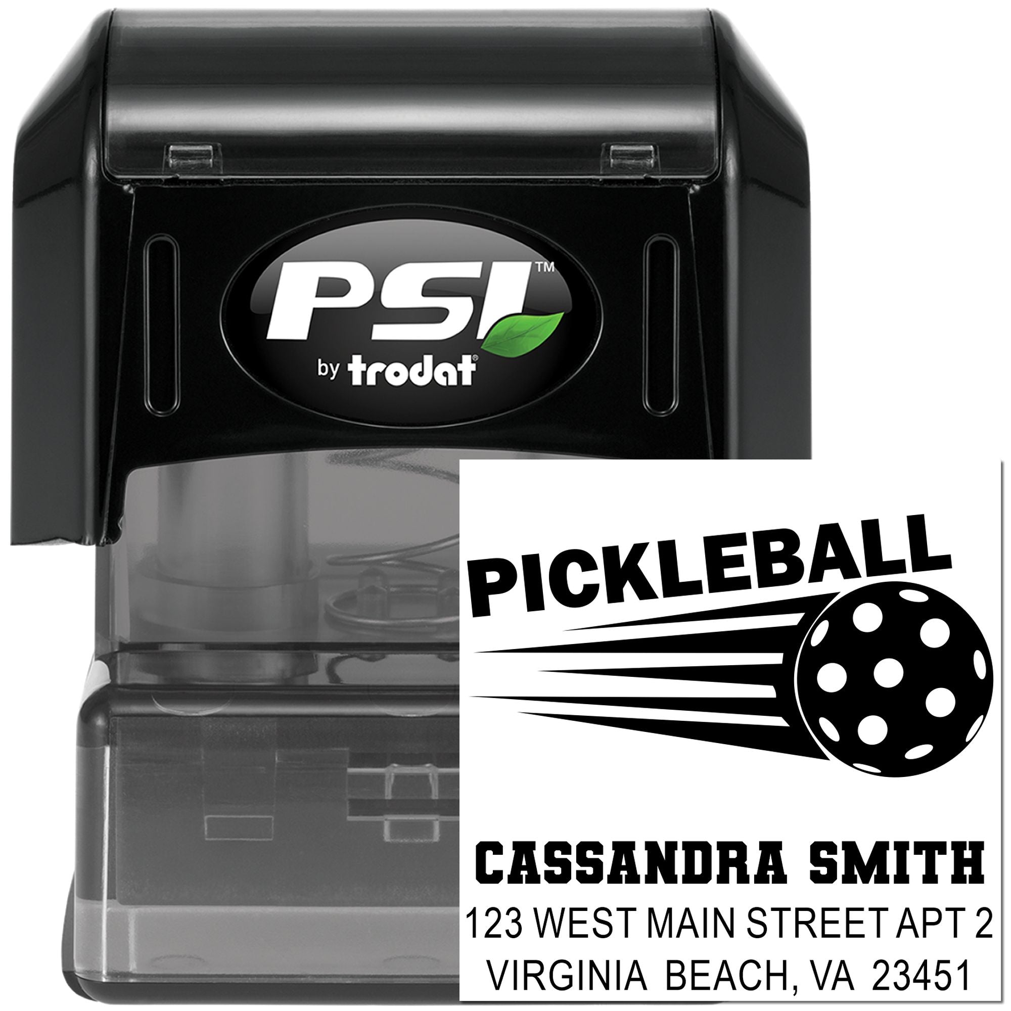 Personalized pickleball return address stamp, PSI by Trodat self-inking rubber stamp with custom name and address.