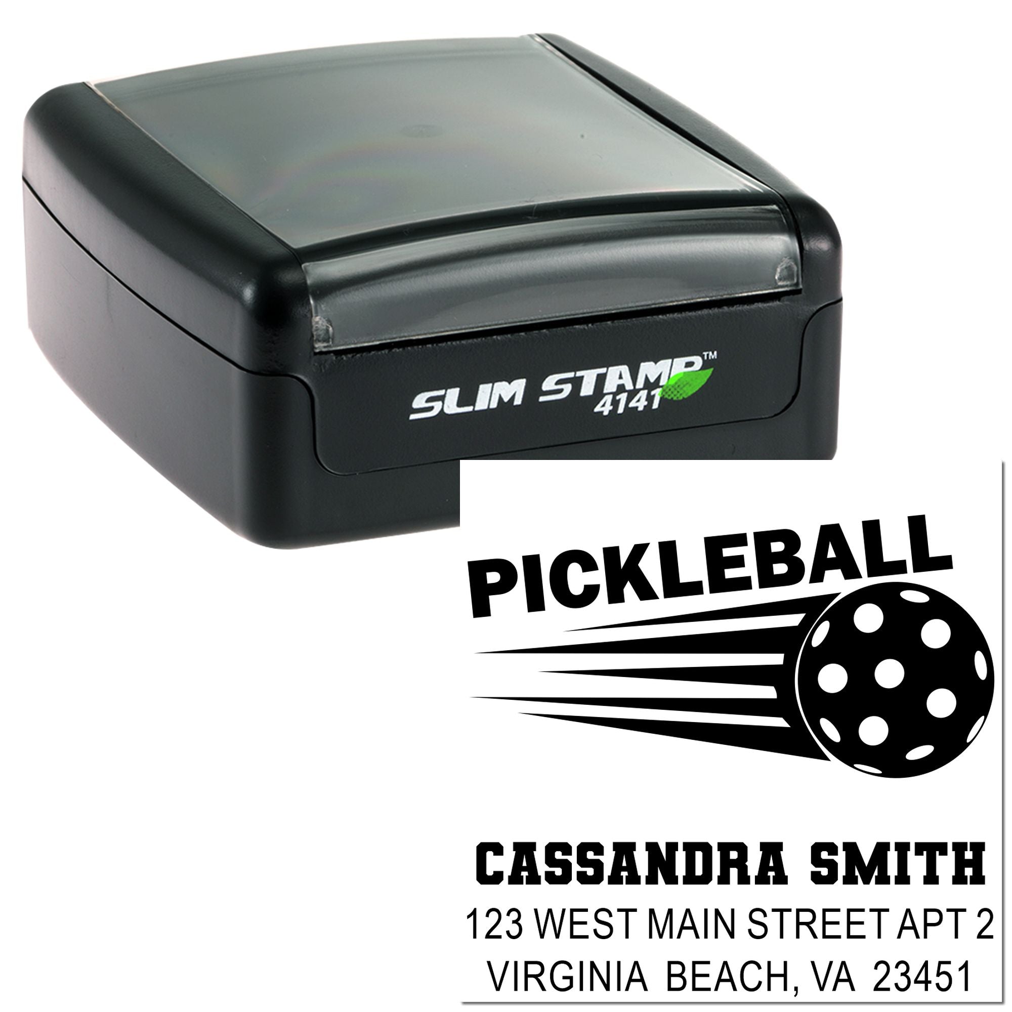 Slim Stamp 4141 pickleball custom self-inking rubber stamp with name and address imprint for mailing labels and gifts.