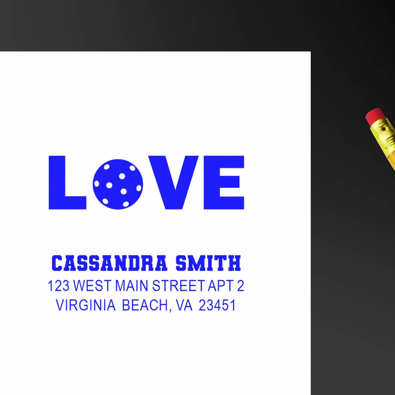 Custom rubber stamp with LOVE design and personalized return address for Cassandra Smith, Virginia Beach, VA.