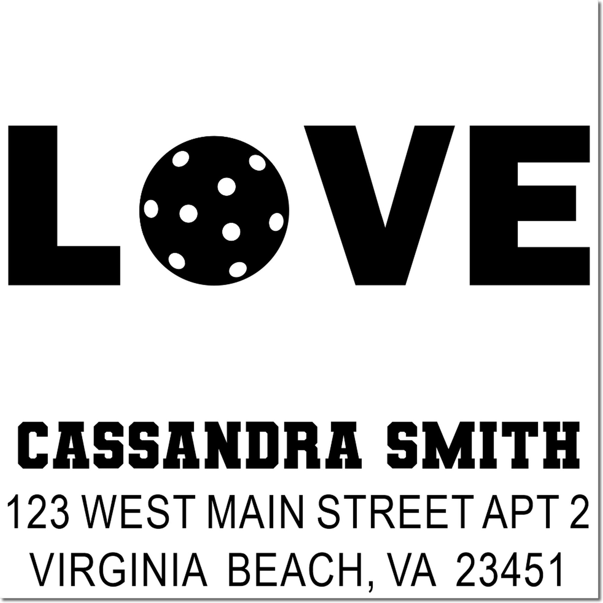 Custom LOVE return address rubber stamp for Cassandra Smith, Virginia Beach, VA 23451 with polka dot O design